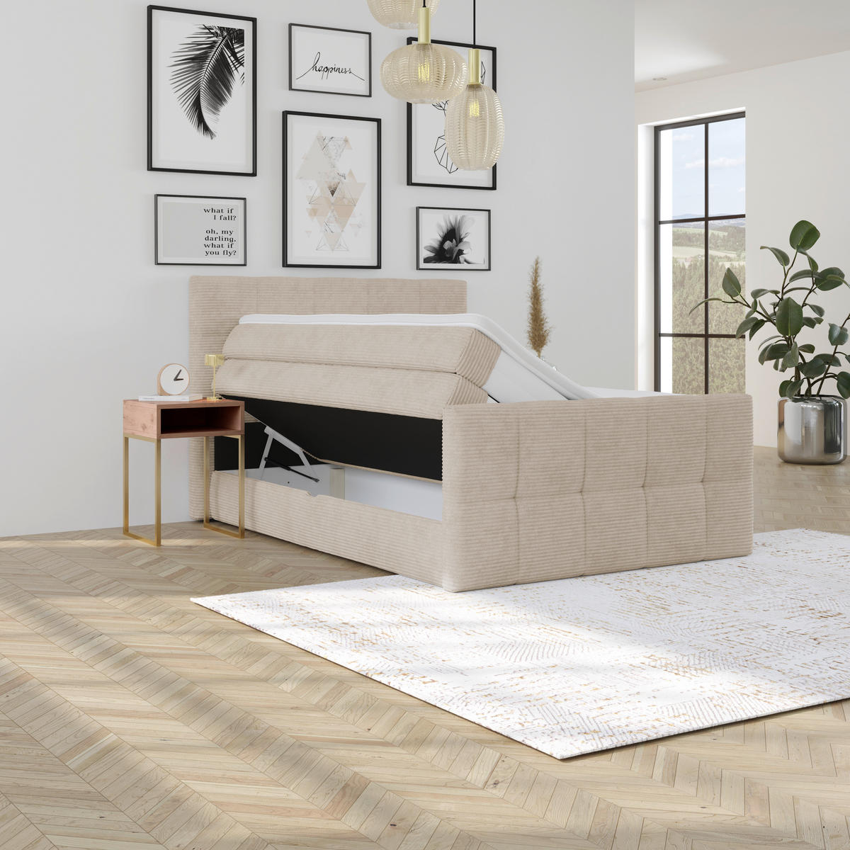 BOXSPRINGBETT 140/200 cm,  in Beige, gepolstertes Kopfteil, Bettkasten, Topper, Matratzen, H3 + H3 = fest  - Beige, KONVENTIONELL, Holz/Holzwerkstoff (140/200cm)