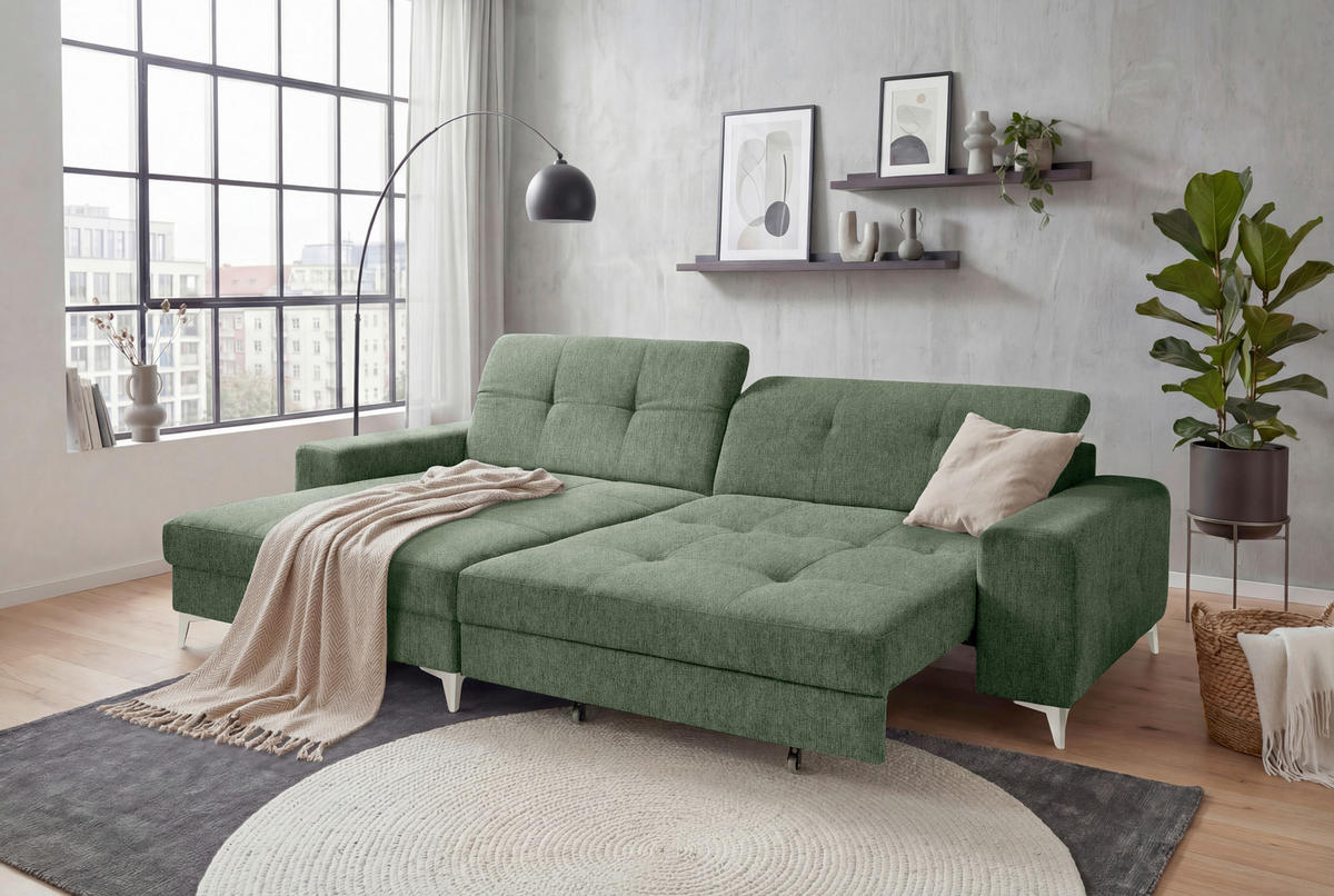 ECKSOFA SORELLA Dunkelgrün Mikrovelours Kopfteilverstellung, Sitztiefenverstellung  - Kaschmir/Dunkelgrün, Design, Kunststoff/Textil (182/328cm) - MID.YOU