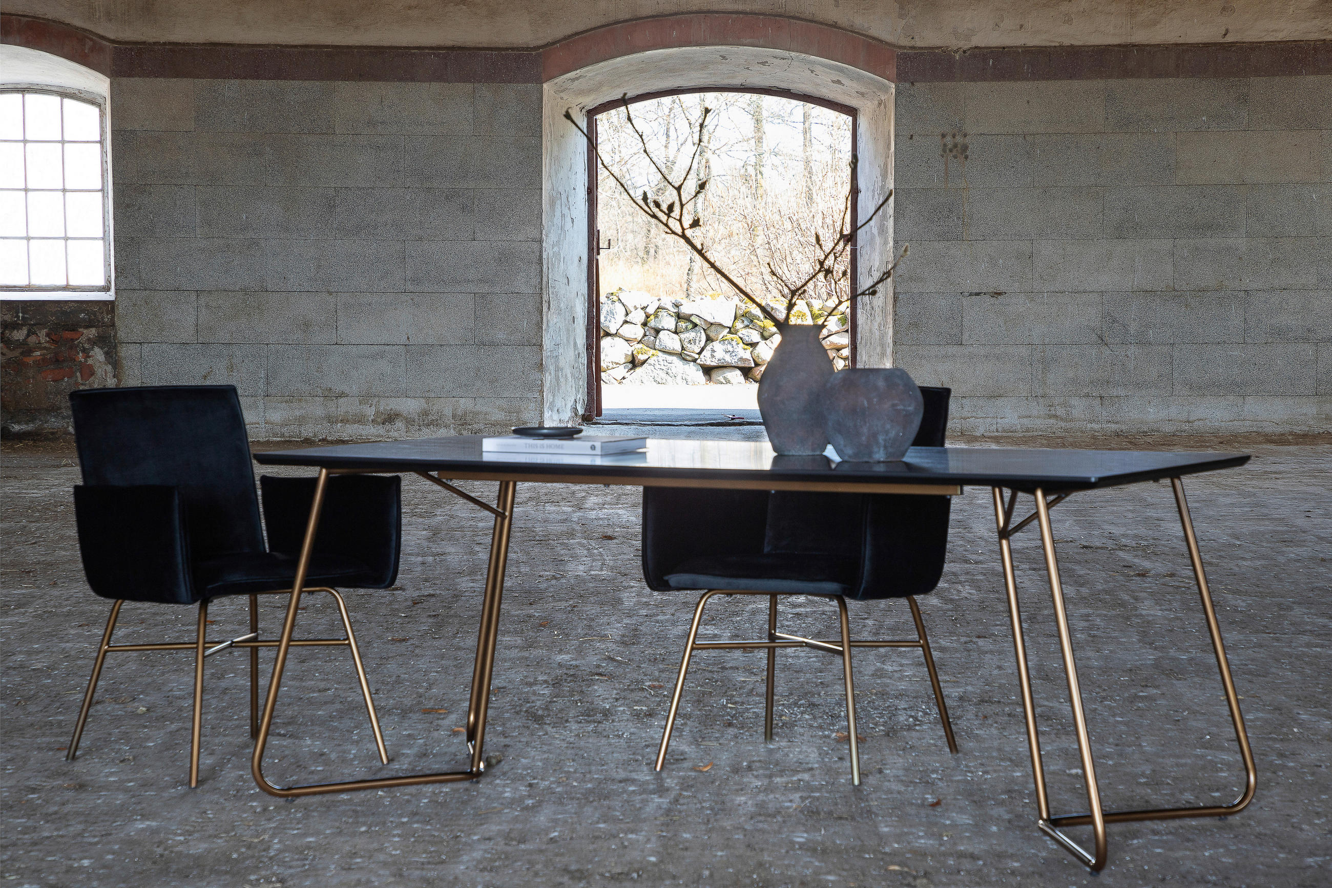 ESSTISCH furniert rechteckig Schwarz, Messingfarben  - Messingfarben/Schwarz, Design, Holzwerkstoff/Metall (180/90/75cm) - Livetastic
