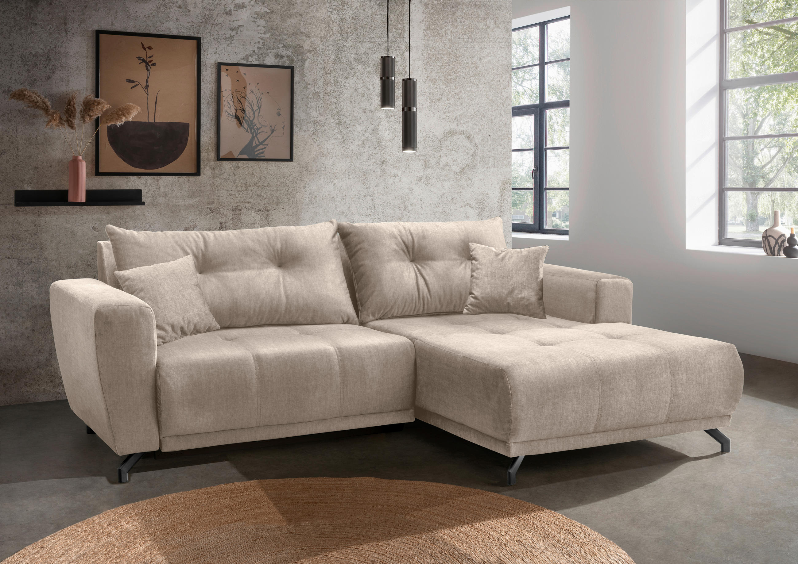 ECKSOFA in Velours Creme - Creme/Schwarz, Modern, Textil/Metall (246/177cm) - MID.YOU