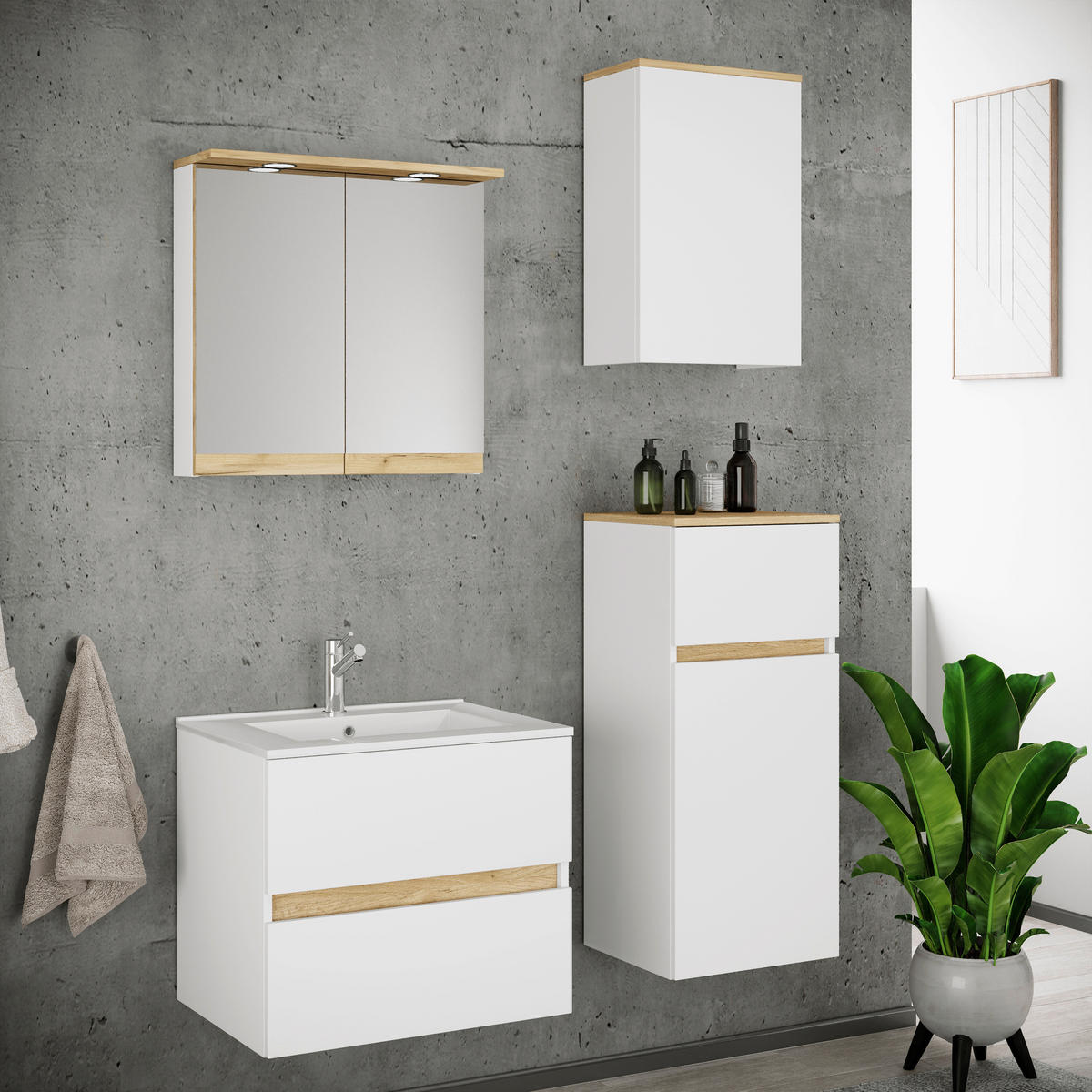 BADEZIMMER 5-teilig 101 cm  - Honigeiche/Weiss, Trend, Keramik/Holzwerkstoff (101cm) - MID.YOU