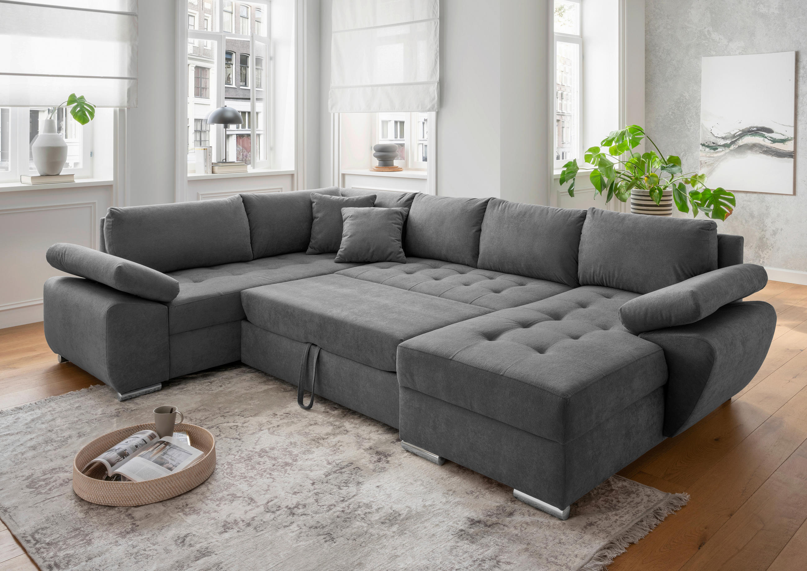 Wohnlandschaft Anthrazit Mikrofaser  - Chromfarben/Anthrazit, KONVENTIONELL, Textil/Metall (219/305/157cm) - Livetastic