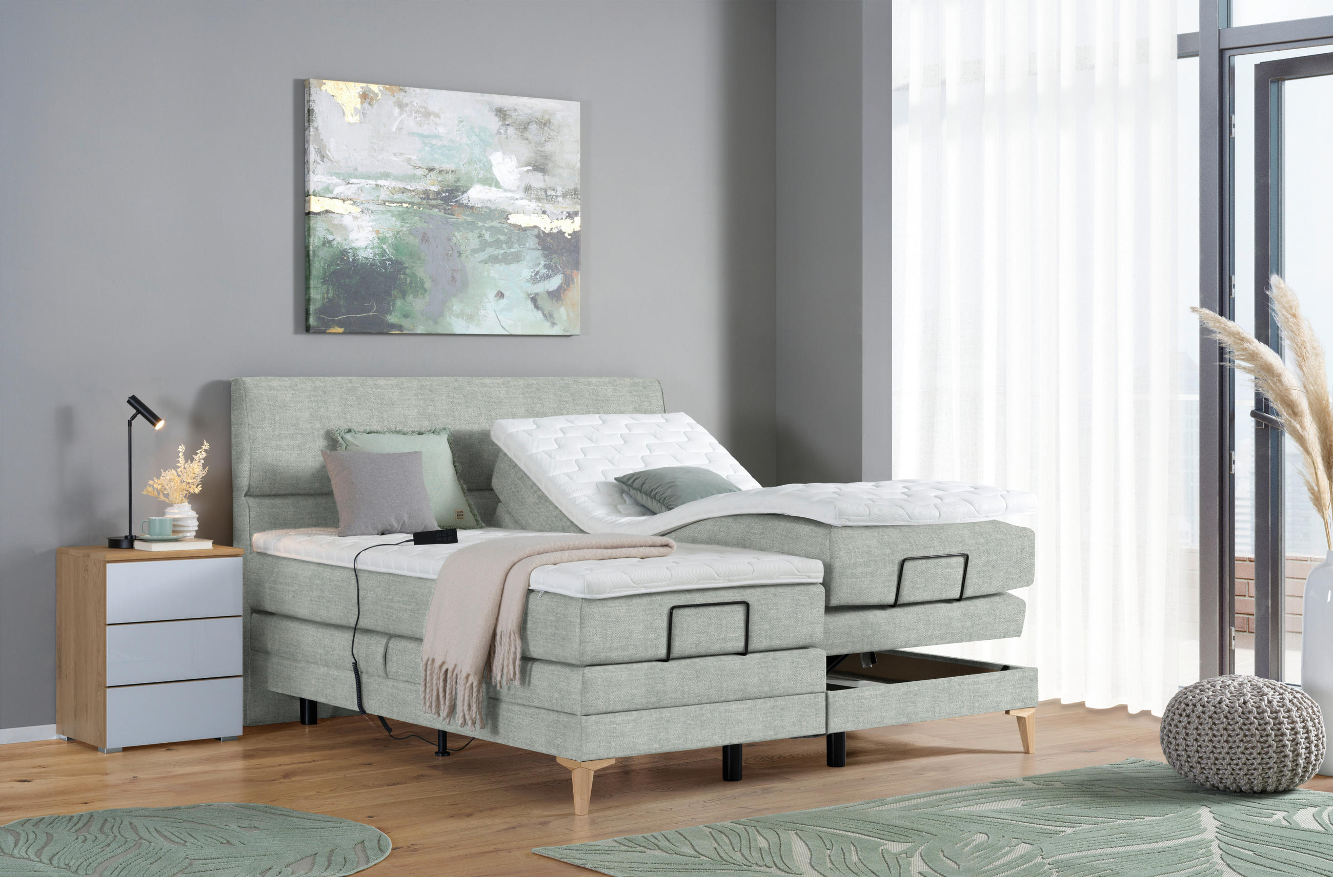 BOXSPRINGBETT 180/200 cm  in Hellgrau  - Eichefarben/Hellgrau, Konventionell, Holz/Textil (180/200cm) - Voleo