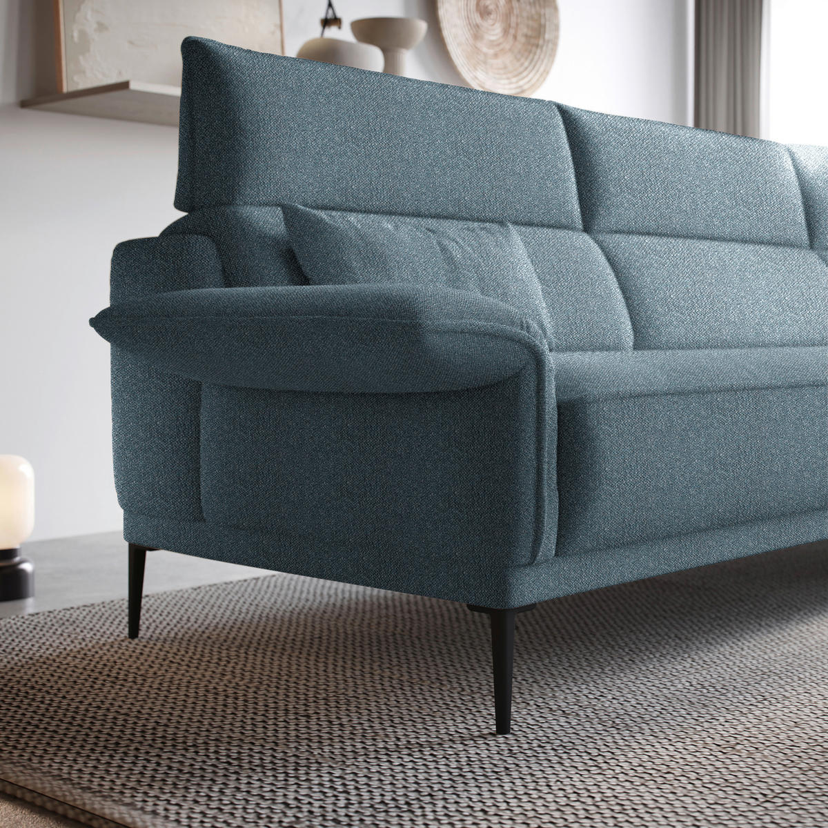 ECKSOFA in Bouclé Blau  330/186 cm  - Blau/Schwarz, Design, Textil/Metall (330/186cm) - Johann Jakob