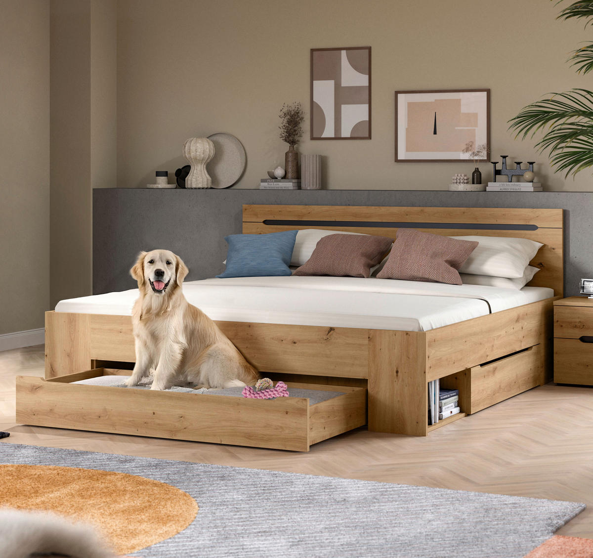 BETT 180/200 cm,  in Grau, Eiche Artisan, Bettschubladen,  - Eiche Artisan/Grau, MODERN (180/200cm) - MID.YOU