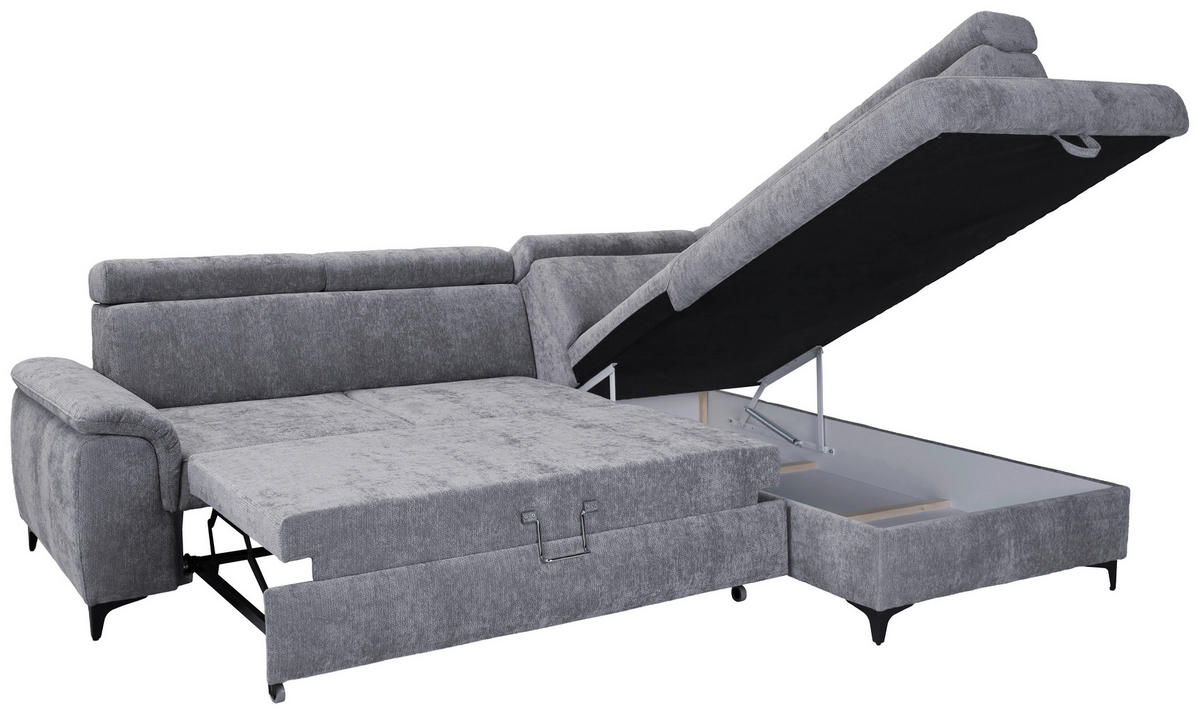 ECKSOFA Hellgrau Chenille Bettkasten, Schlaffunktion, Rücken echt, Kopfteilverstellung, Liegefläche im Originalstoff  - Hellgrau/Schwarz, KONVENTIONELL, Textil/Metall (265/206cm) - Carryhome