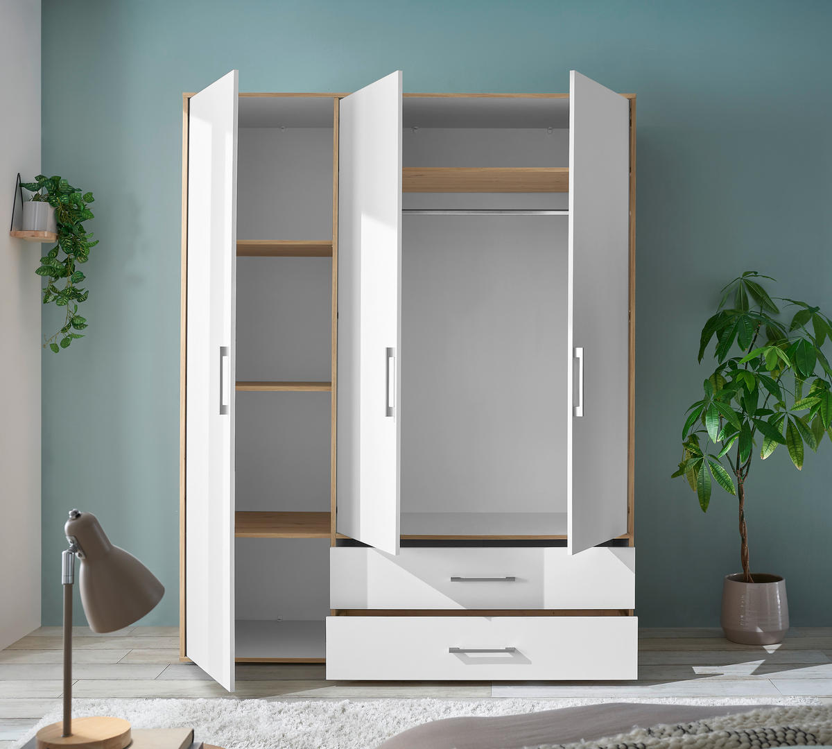 KLEIDERSCHRANK 155/195/60 cm 3-türig Weiß, Eiche Artisan  - Alufarben/Weiß, Basics, Holzwerkstoff/Kunststoff (155/195/60cm)