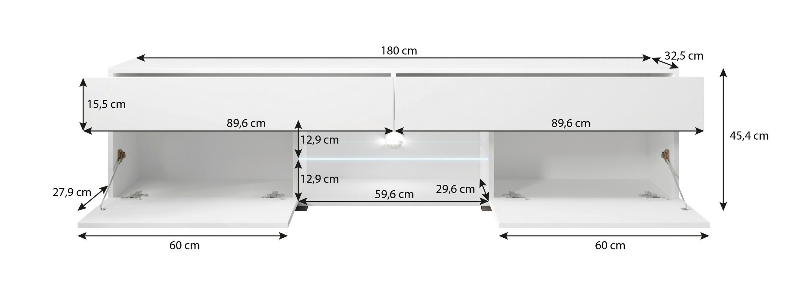 LOWBOARD Carrera  in 180/45,4/32,5 cm  - Weiss Hochglanz/Weiss, Lifestyle, Holzwerkstoff/Kunststoff (180/45,4/32,5cm) - P & B