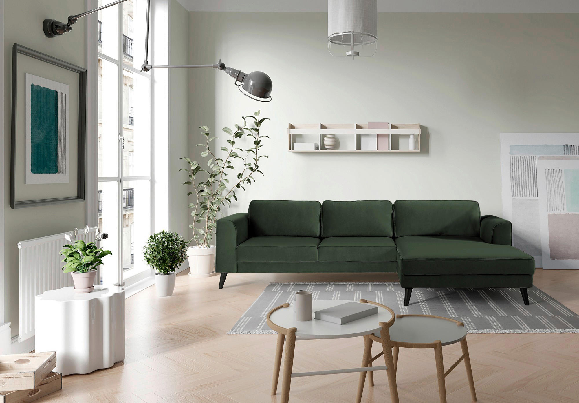 ECKSOFA in Velours Dunkelgrün - Wengefarben/Dunkelgrün, Modern, Holz/Textil (308/167cm) - Trendmanufaktur