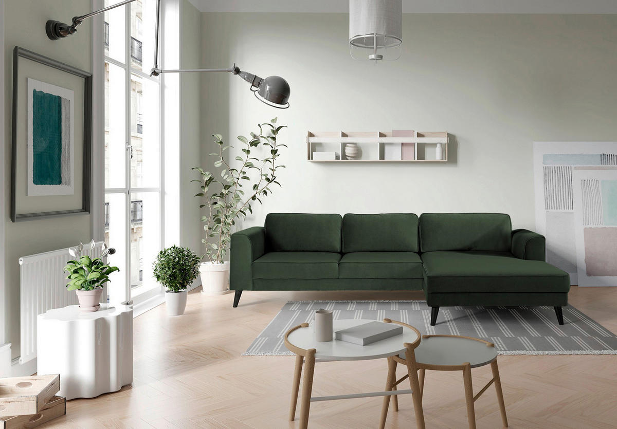 ECKSOFA in Velours Dunkelgrün  - Wengefarben/Dunkelgrün, Modern, Holz/Textil (308/167cm) - Trendmanufaktur