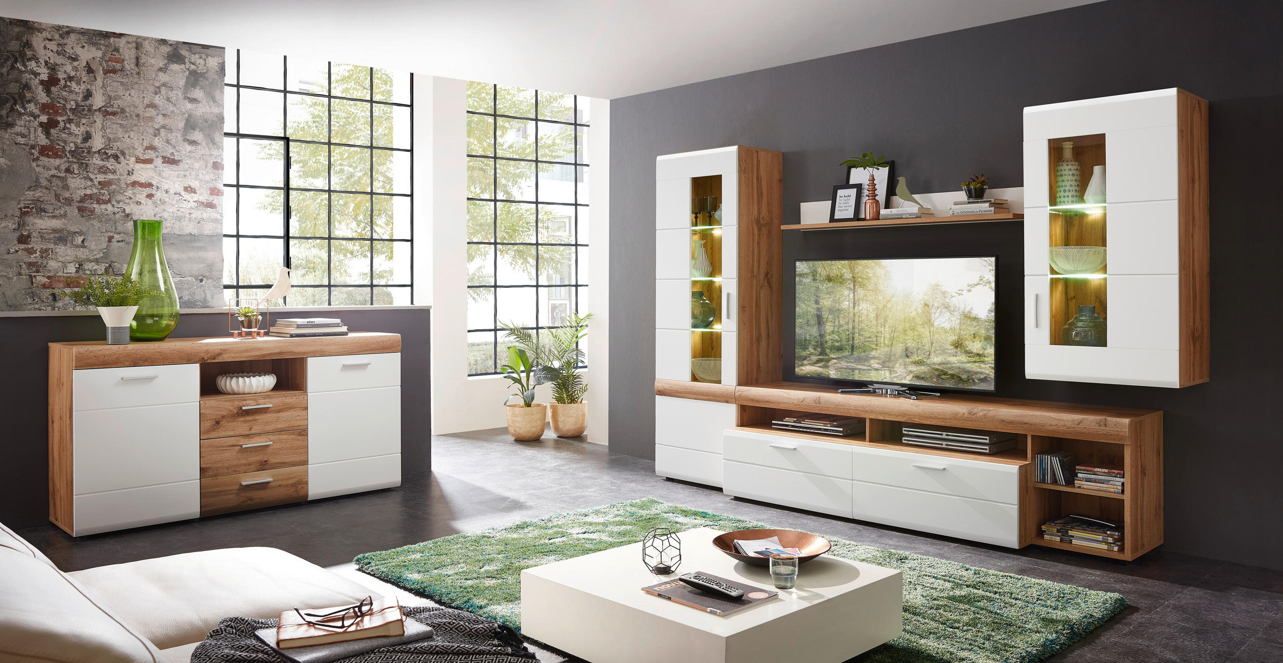 SET MOBILA LIVING in alb, culoare lemn stejar  - argintiu/alb, Konventionell, plastic/sticlă (280/192/51cm) - Xora