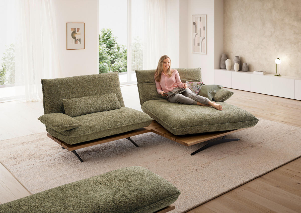 ECKSOFA Wildeiche, Graugrün Chenille, Flachgewebe Rücken echt, Armteilverstellung, Relaxfunktion, Drehsitzfunktion  - Wildeiche/Schwarz, Design, Holz/Textil (284/161cm) - Koinor