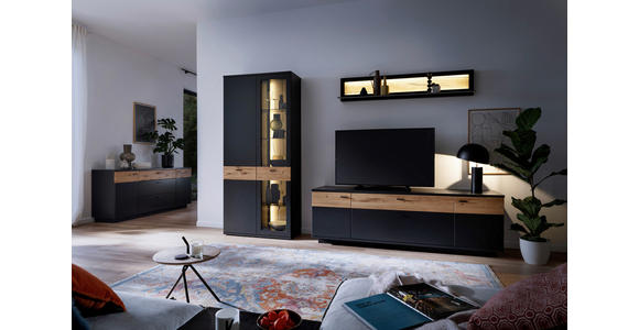 VITRINE in furniert, massiv Eiche Grau, Schwarz, Eichefarben - Eichefarben/Anthrazit, Design, Glas/Holz (90/201/37cm) - Novel