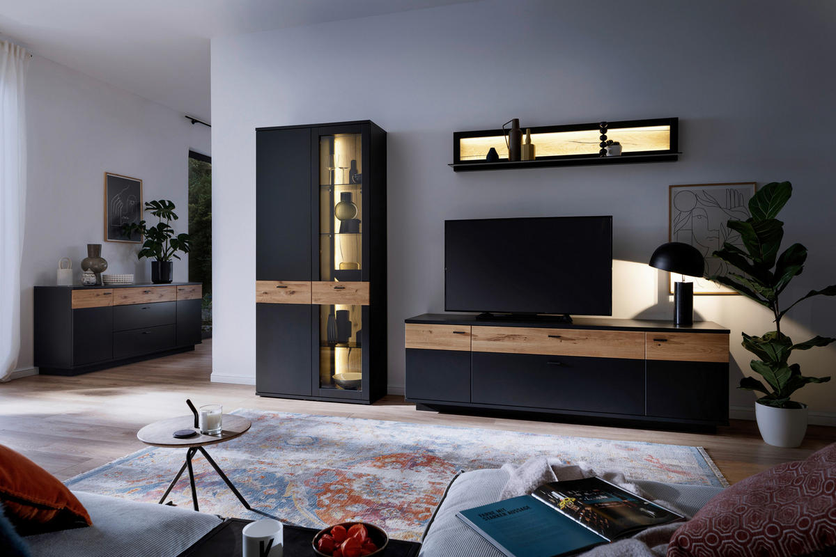 VITRINĂ  in furniruit, masiv stejar gri, negru, culoare lemn stejar  - culoare lemn stejar/antracit, Design, sticlă/metal (90/201/37cm) - Novel