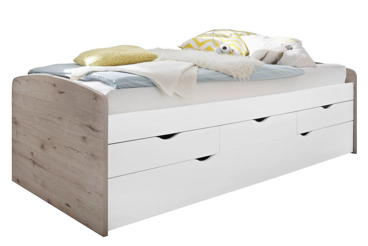 VÝSUVNÁ POSTEĽ, 90-180/200 cm biela, prírodná farba - biela/prírodná farba, Design, kompozitné drevo (90-180/200cm) - Carryhome
