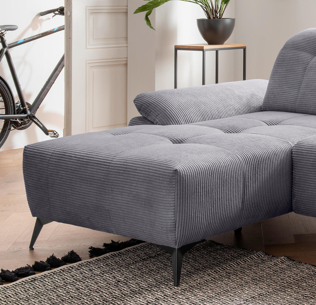 ECKSOFA FIORE in Cord Grau Kopfteilverstellung, Sitzvorzug  180/280 cm  - Schwarz/Grau, MODERN, Textil/Metall (180/280cm) - Livetastic