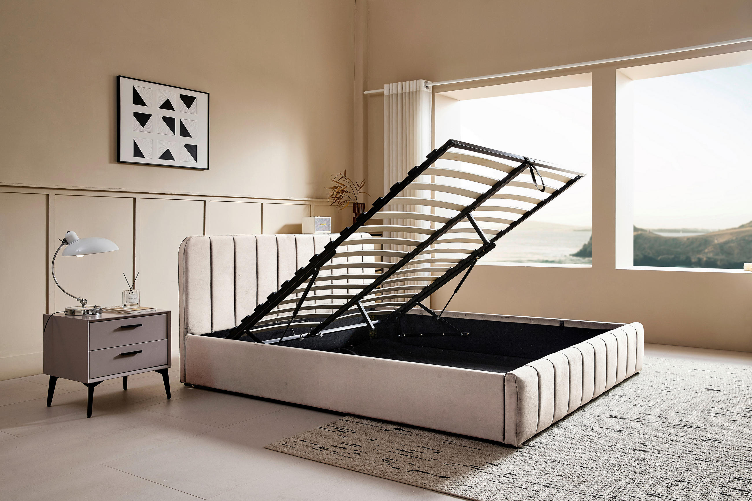 POLSTERBETT 140/200 cm, inkl. gepolstertes Kopfteil, Lattenrost, Bettkasten,  in Beige  - Beige/Schwarz, Design, Holz/Kunststoff (140/200cm) - Boxxx