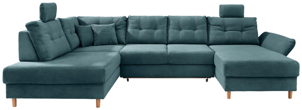 WOHNLANDSCHAFT Petrol Cord  - Petrol/Naturfarben, MODERN, Holz/Textil (206/338-352/176cm) - Livetastic