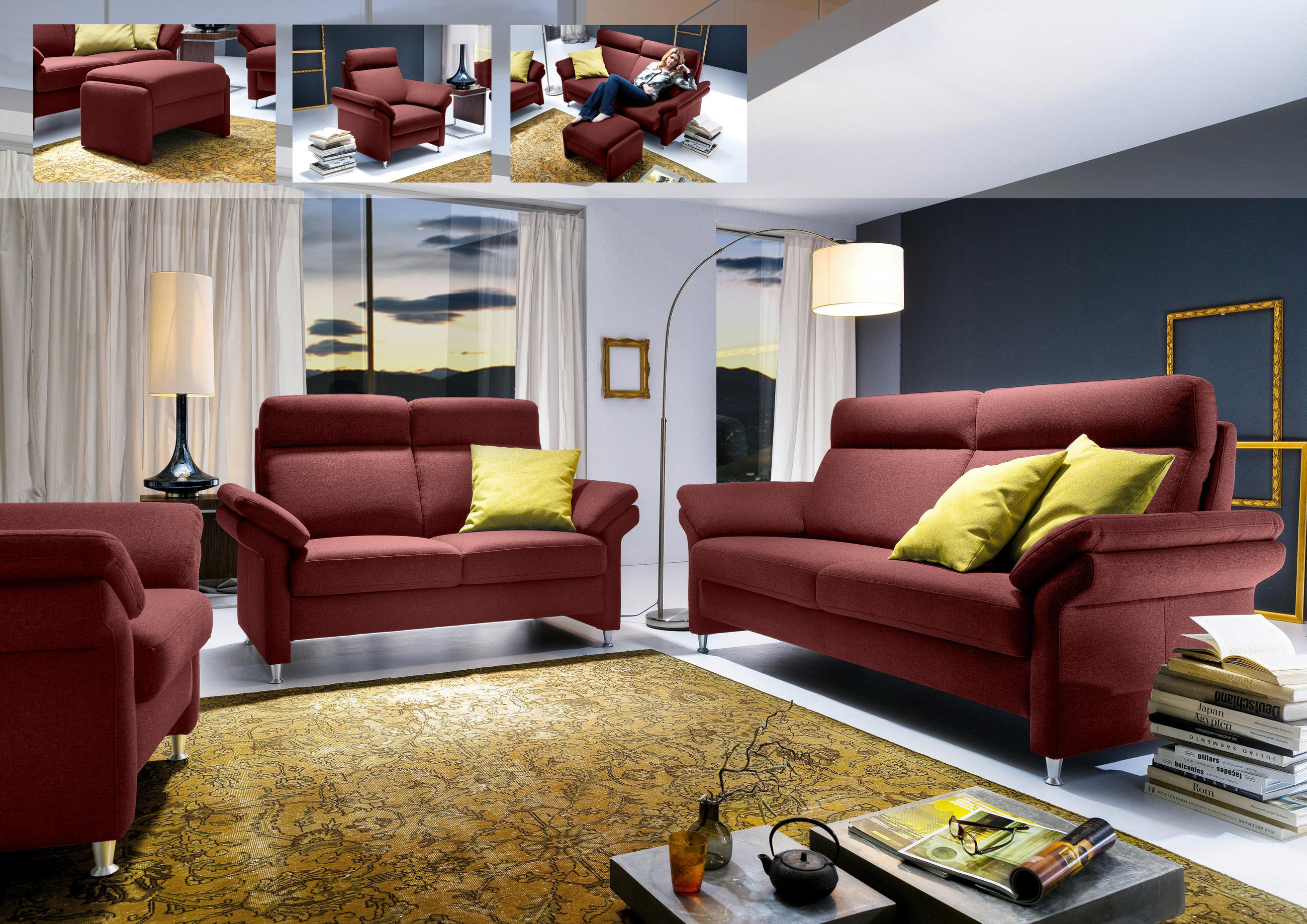 3-SITZER-SOFA Flachgewebe Bordeaux  - Bordeaux/Alufarben, MODERN, Textil/Metall (196/103/89cm) - Pure Home Comfort