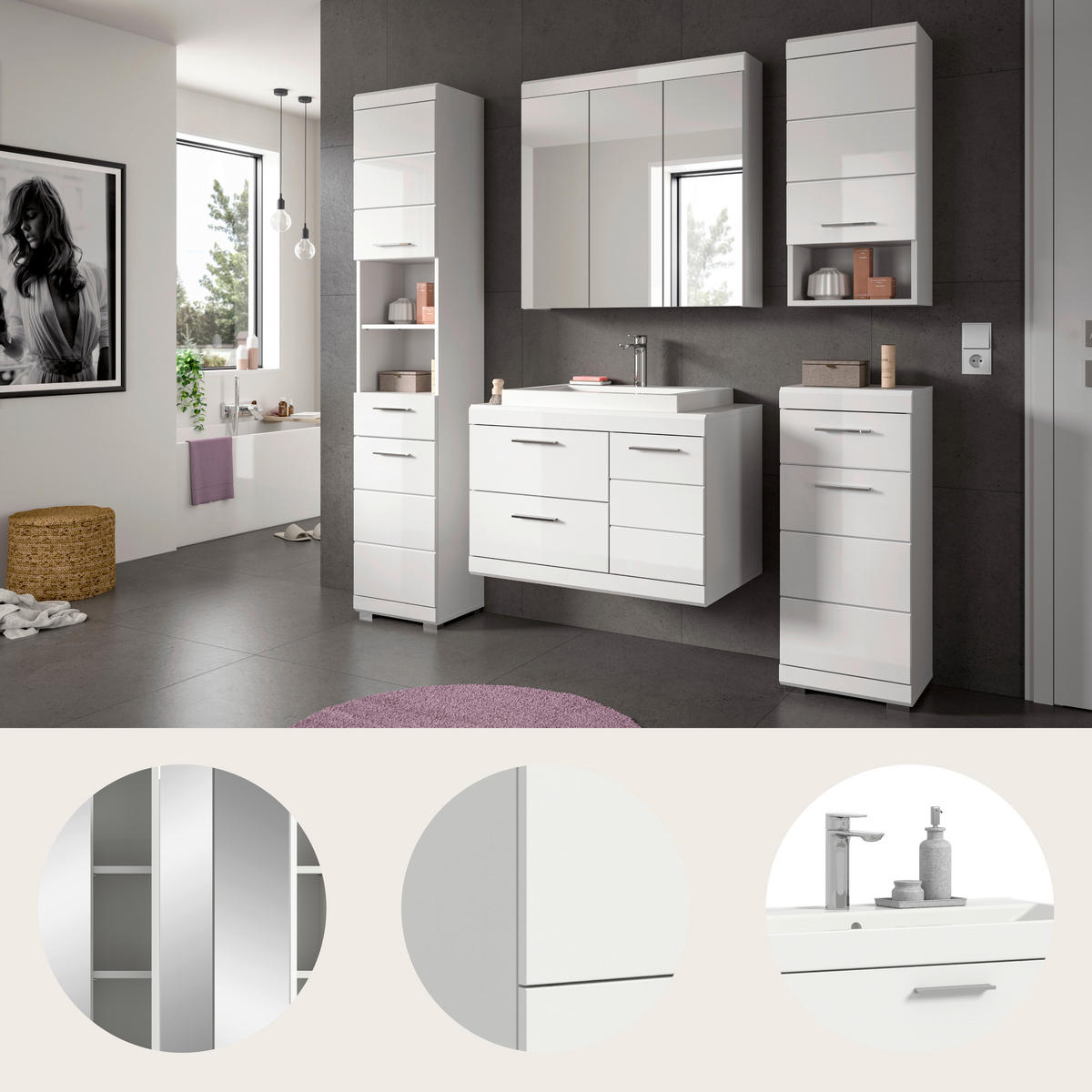 BADEZIMMER 6-teilig  in 184 cm  - Weiß Hochglanz/Silberfarben, Trend, Glas/Holzwerkstoff (184cm) - MID.YOU