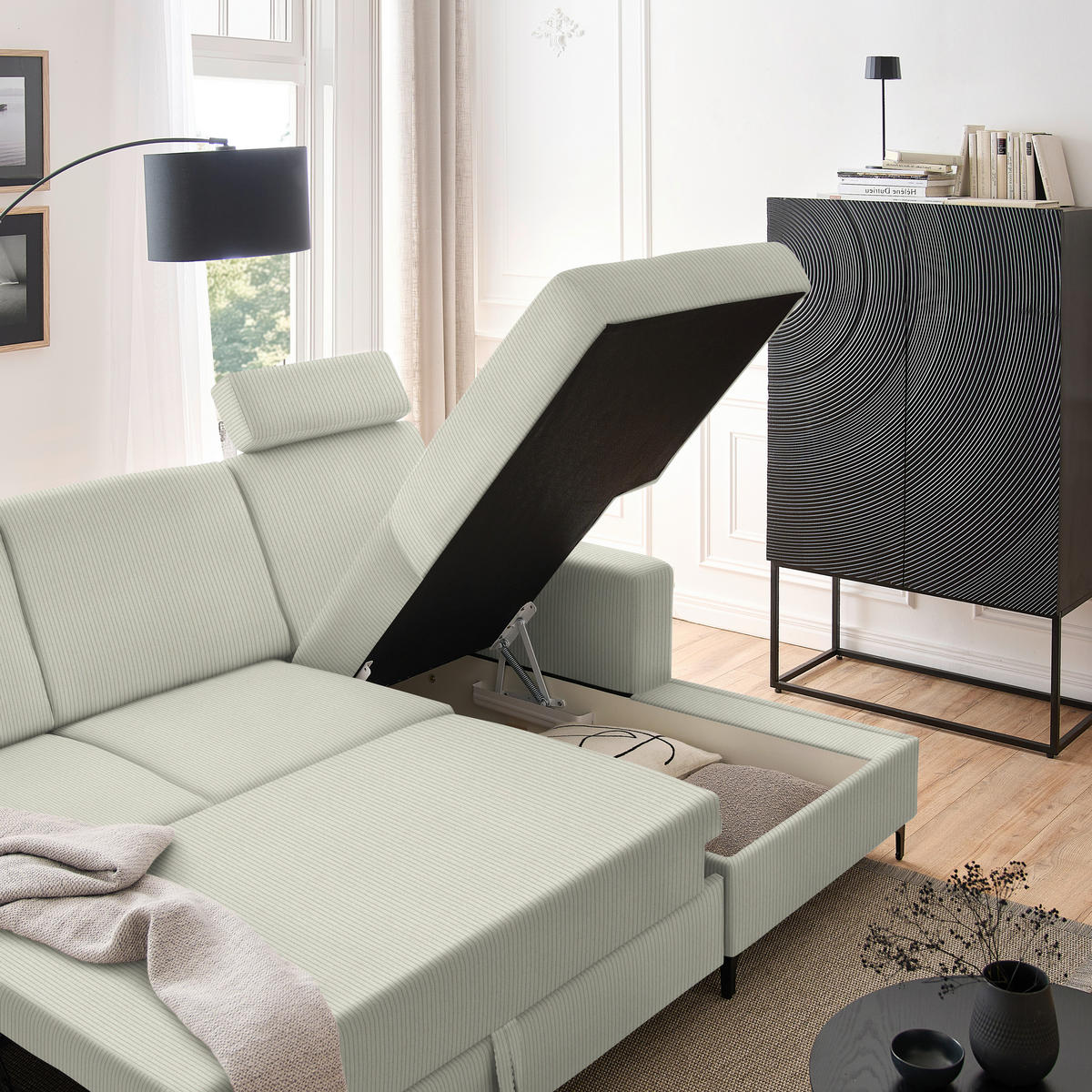 ECKSOFA Ecru Cord  - Ecru/Schwarz, KONVENTIONELL, Textil/Metall (247/167cm) - Stylife