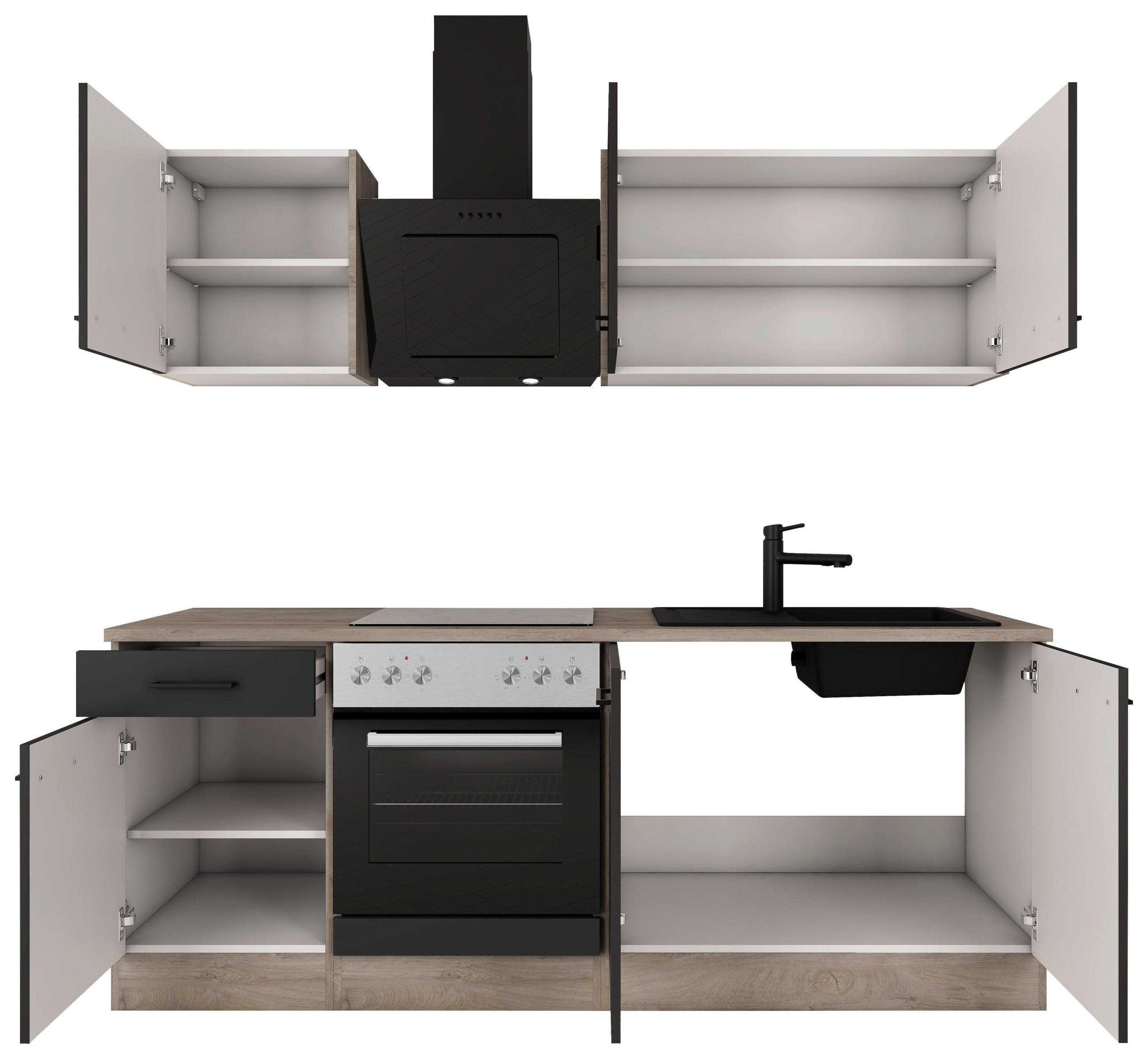 KÜCHENBLOCK 210 cm   in Schwarz, Eichefarben  - Eichefarben/Schwarz, Basics, Holzwerkstoff/Metall (210cm) - FlexWell