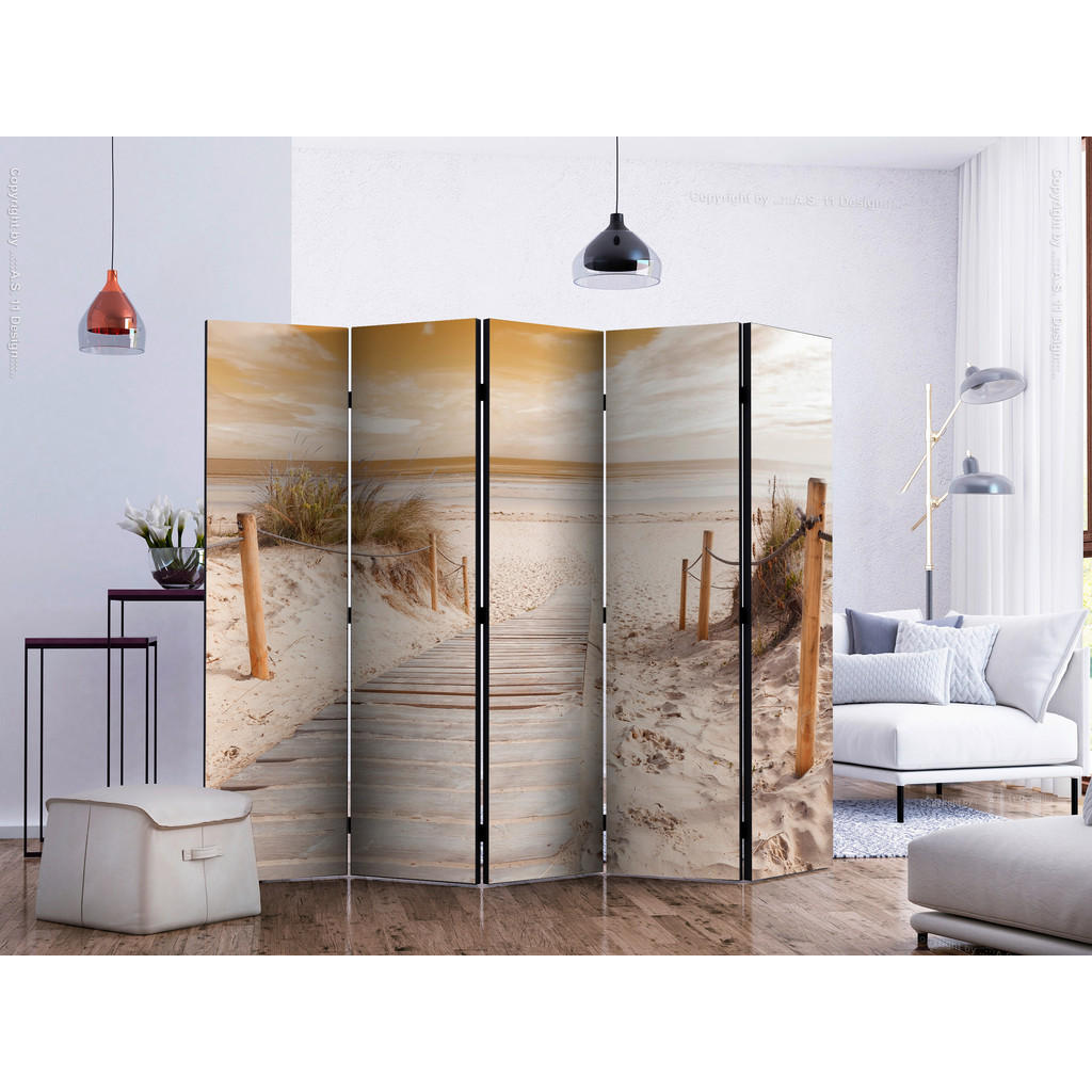 Thumbnail - artgeist Paravent, Dunkelgelb, Ecru, Holz, Textil, Kiefer, massiv, Strand, 225x172x3 cm, Motiv auf Vorder- und Rückseite...