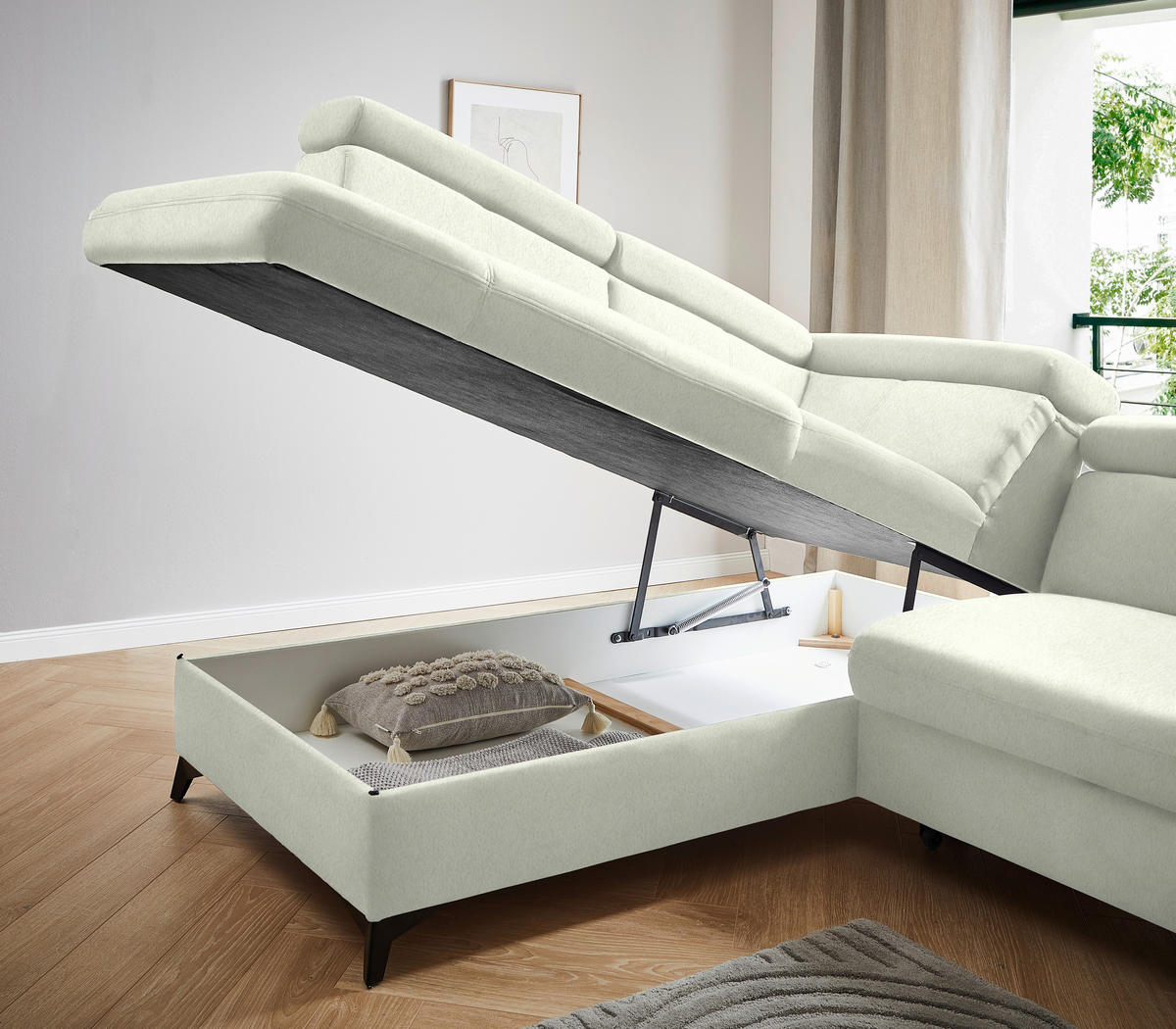 ECKSOFA in Teddystoff Weiss  - Weiss/Schwarz, Design, Textil/Metall (203/260cm) - Stylife