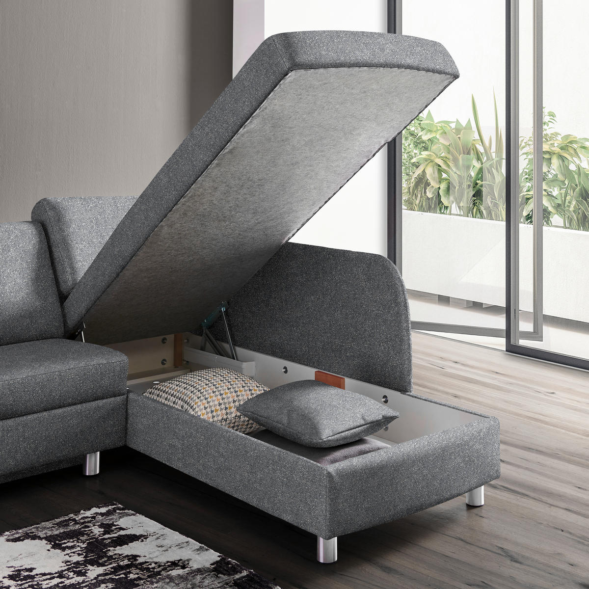 ECKSOFA  in Mikrovelours Grau  227/208 cm  - Alufarben/Grau, KONVENTIONELL, Textil/Metall (227/208cm) - Sedda