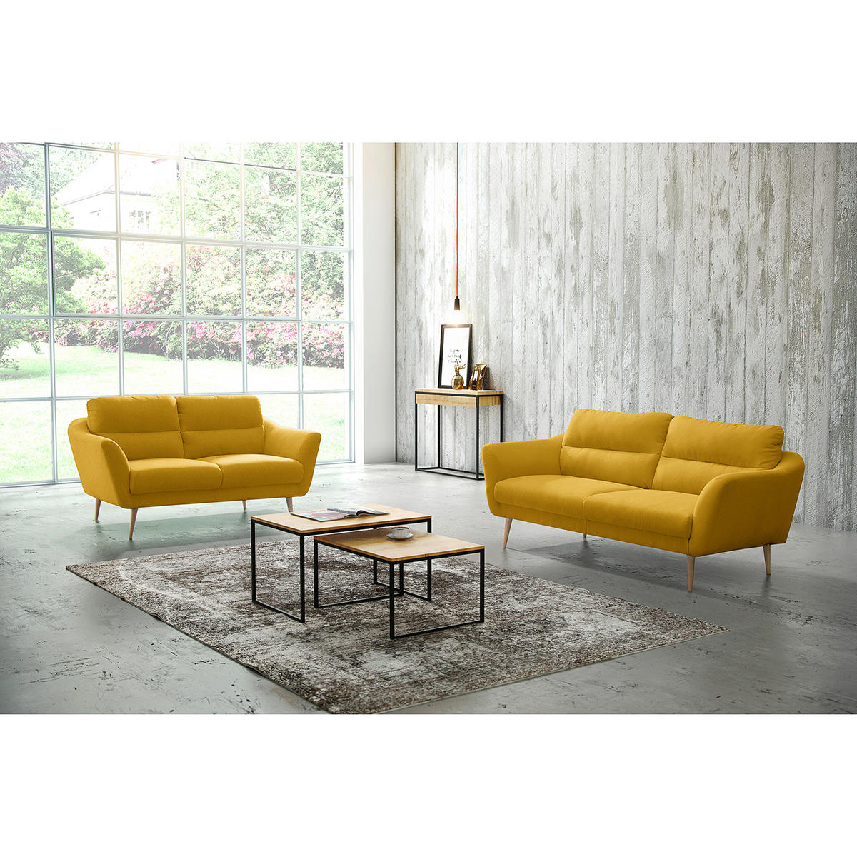 2-SITZER-SOFA in Webstoff Gelb  - Gelb/Buchefarben, Design, Holz/Textil (158/87/88cm) - Livetastic