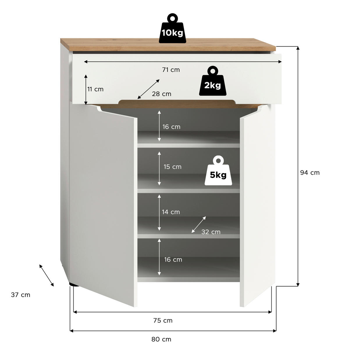 SCHUHSCHRANK Weiß, Eiche Artisan  - Schwarz/Weiß, Design, Holzwerkstoff/Kunststoff (80/94/37cm) - MID.YOU