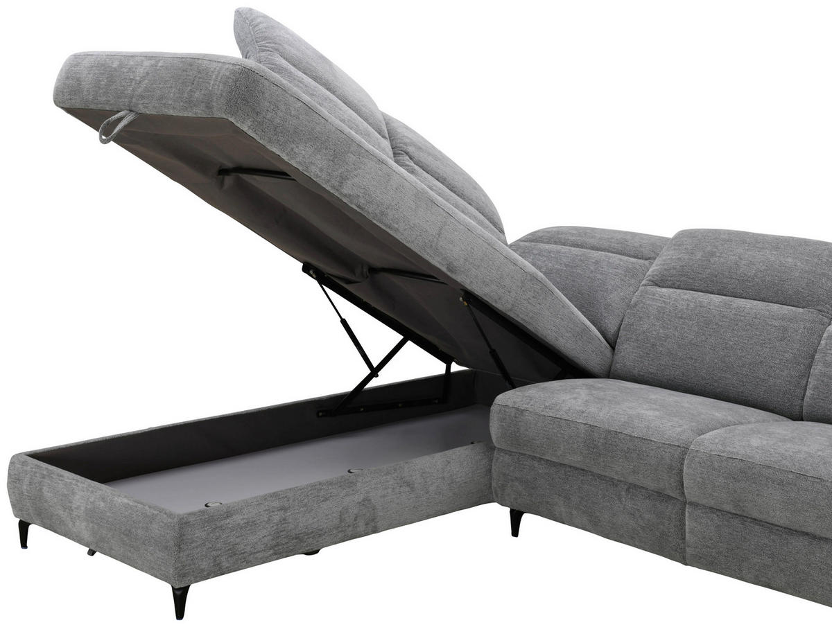 ECKSOFA Grau Chenille Relaxfunktion, Kopfteilverstellung, Stauraum  - Schwarz/Grau, Design, Textil/Metall (220/266cm) - Xora