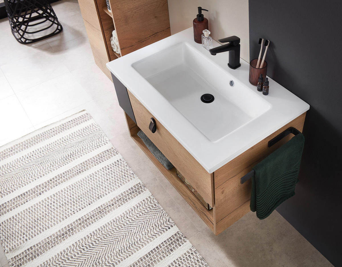 WASCHTISCHKOMBI 78 cm  - Eichefarben/Schwarz, KONVENTIONELL, Leder/Glas (78cm) - Sadena