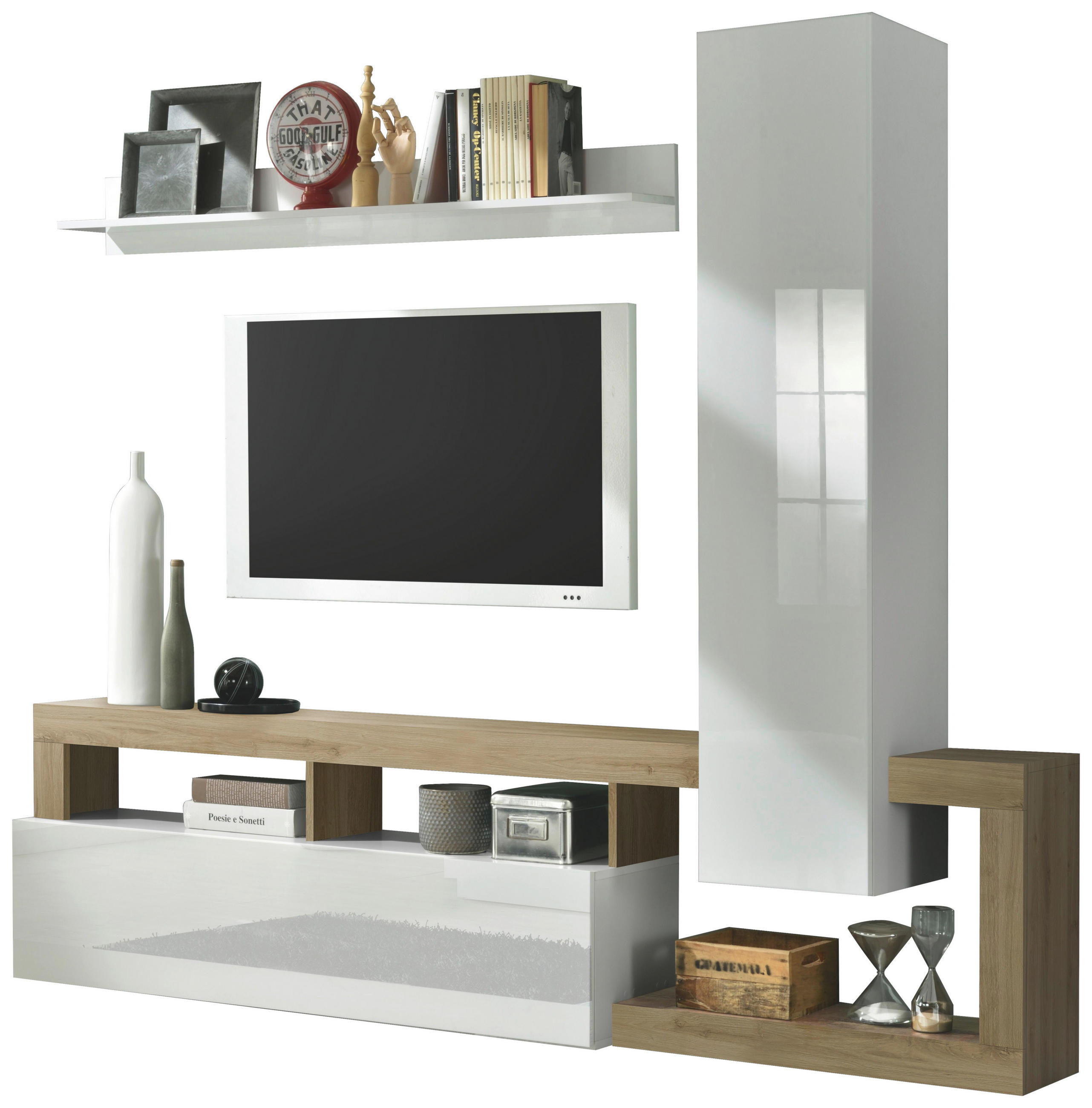 Wohnwand Hamburg Eiche Dekor/Weiss B: 219cm