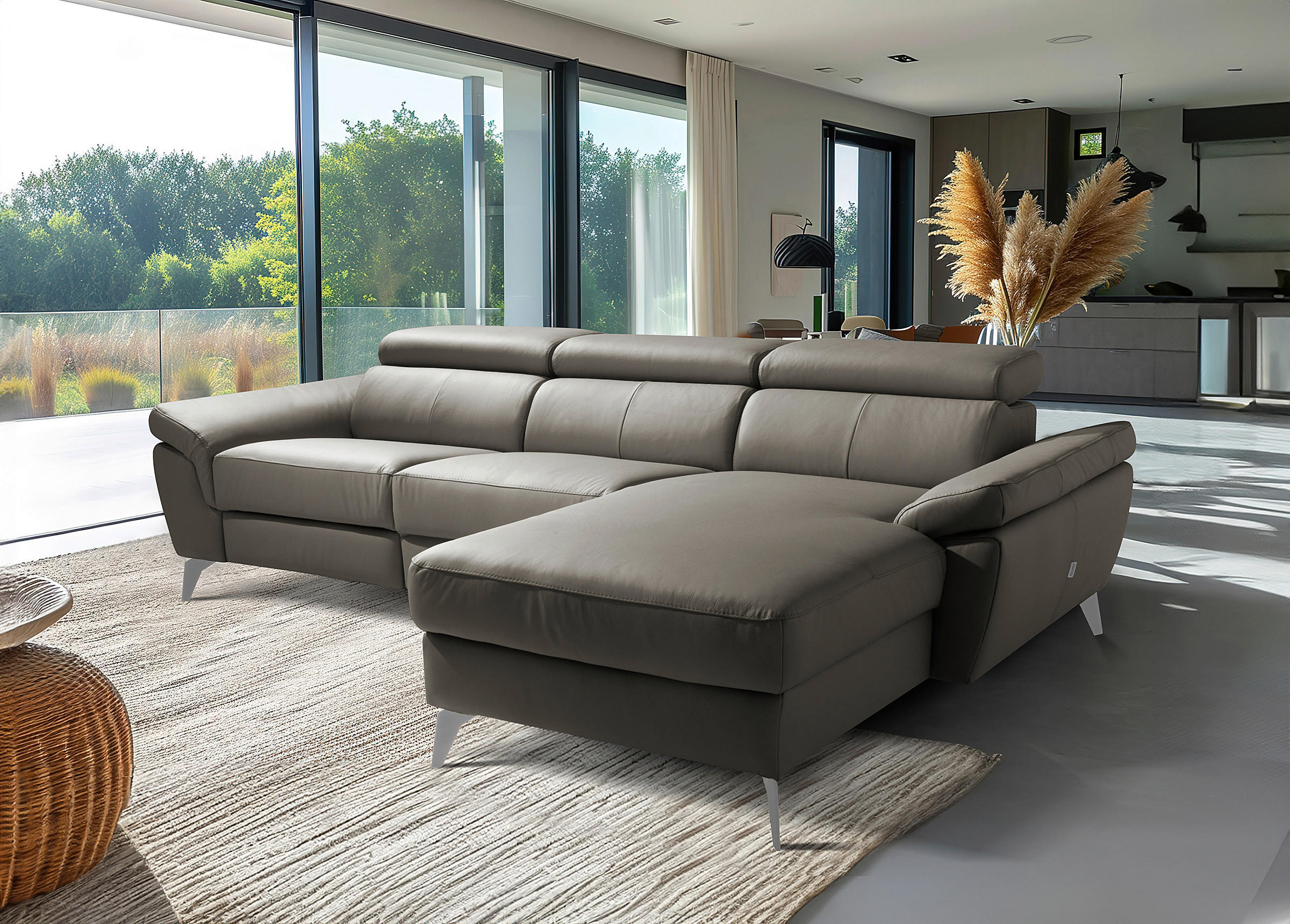 ECKSOFA Schlammfarben Echtleder Lederlook Rücken echt, Armteilverstellung, Relaxfunktion, Kopfteilverstellung  - Chromfarben/Schlammfarben, Design, Leder/Textil (252/179cm) - Livetastic
