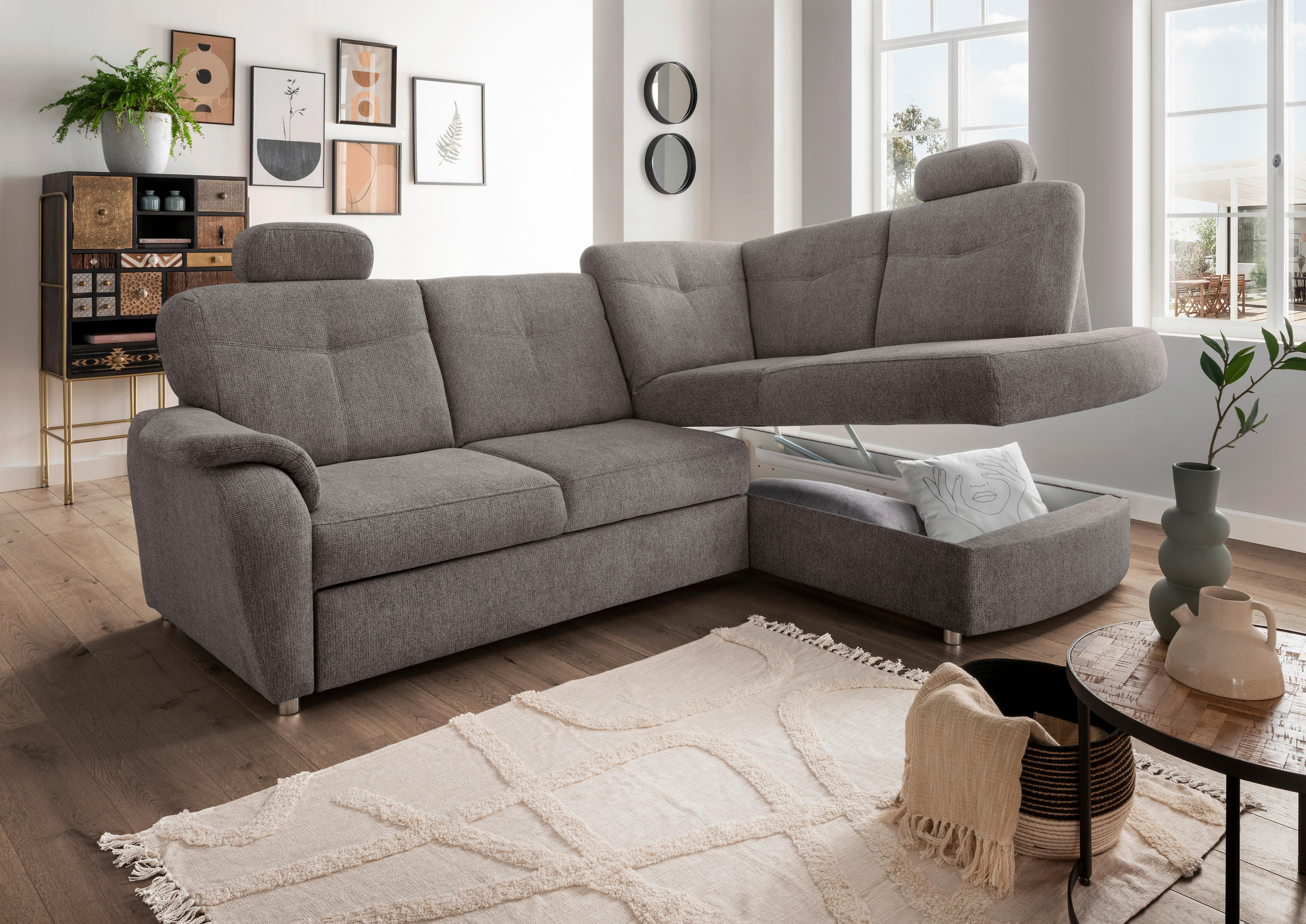 ECKSCHLAFSOFA in Chenille Graubraun  - Chromfarben/Graubraun, Modern, Kunststoff/Textil (264/180cm) - Livetastic