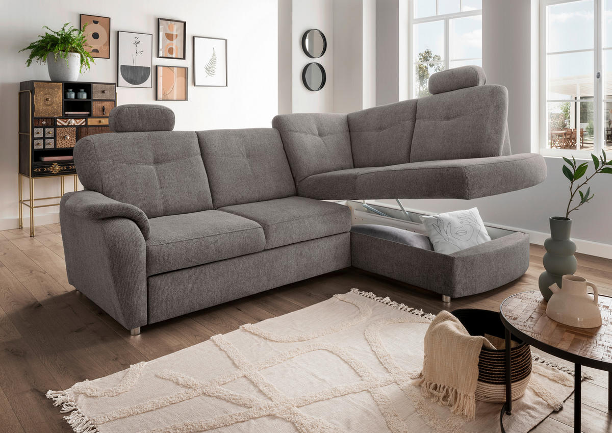 ECKSCHLAFSOFA in Chenille Graubraun  - Chromfarben/Graubraun, Modern, Kunststoff/Textil (264/180cm) - Livetastic