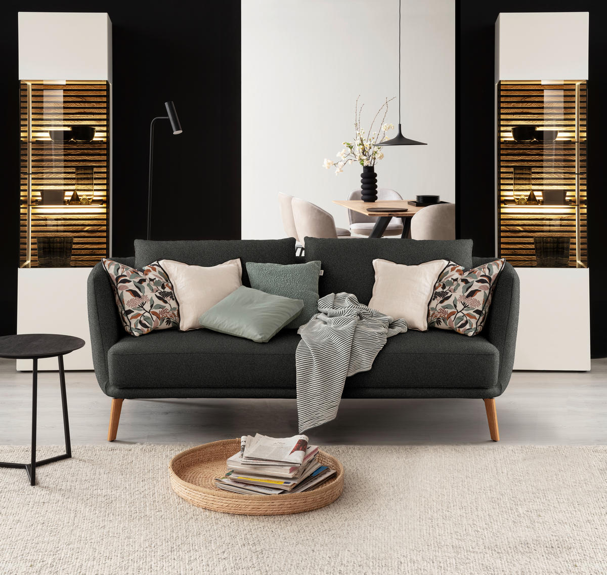 2,5-SITZER  in Flachgewebe Schwarz  - Eichefarben/Schwarz, Design, Holz/Textil (190/71/91cm) - Schöner Wohnen