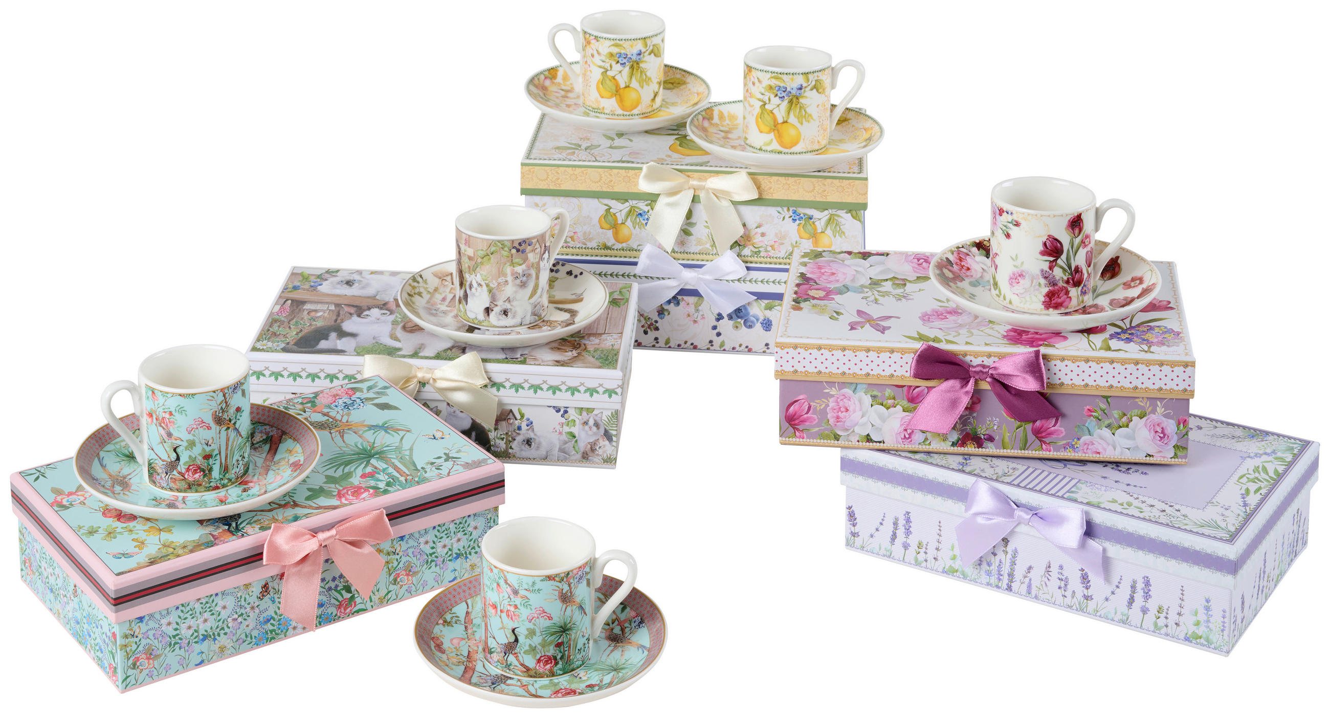 ŠÁLEK A PODŠÁLEK NA ESPRESSO porcelán (new bone china) - modrá/pink, Trend, keramika (8/5,5cm)