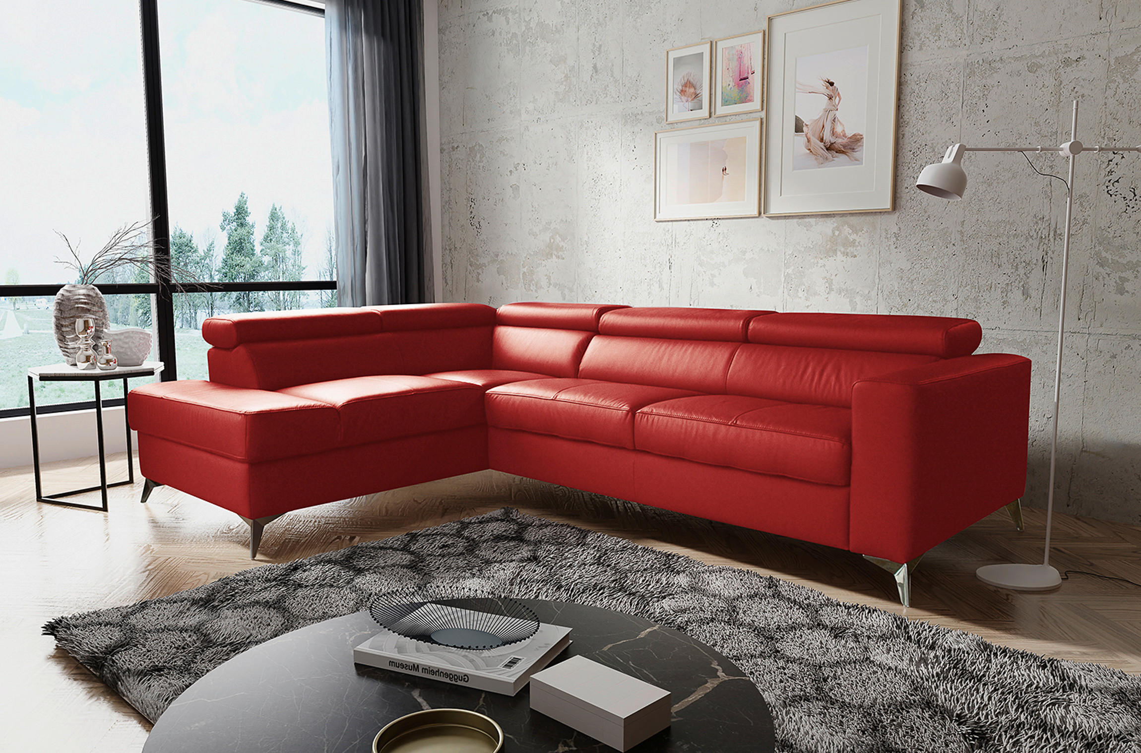 ECKSOFA MONDO Rot Echtleder Lederlook - Chromfarben/Rot, Design, Leder/Textil (208/286cm) - Livetastic