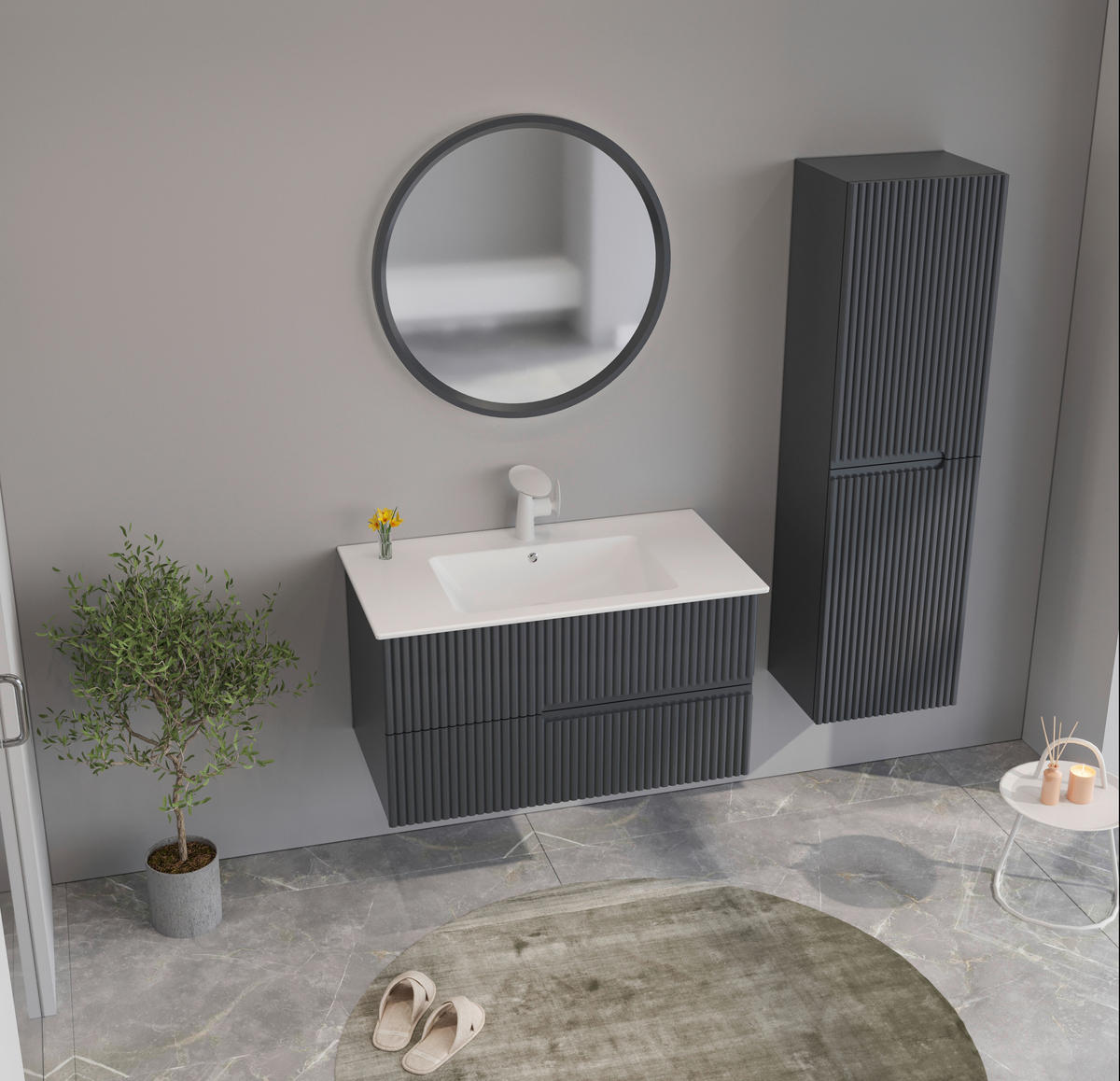 BADEZIMMER 3-teilig  in  - Weiß Hochglanz/Anthrazit, MODERN, Keramik/Holzwerkstoff (91/126/51cm) - MID.YOU