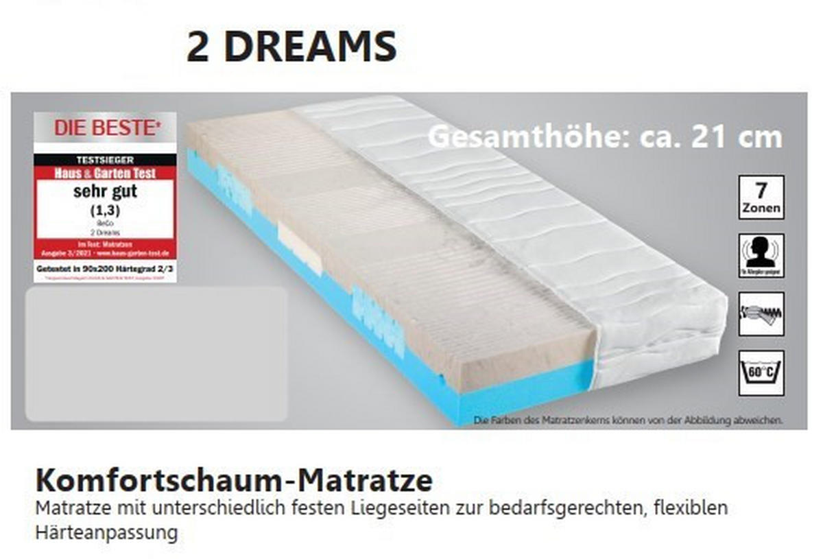 KOMFORTSCHAUMMATRATZE 2 Dreams 180/200 cm Höhe ca. 21 cm 7 -Zonen - Weiß, Basics, Textil (180/200cm) - Beco