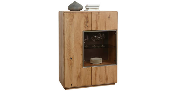 HIGHBOARD Wildeiche massiv gebürstet Schlammfarben, Eichefarben - Schlammfarben/Eichefarben, Design, Glas/Holz (99/134,5/44cm) - Valnatura