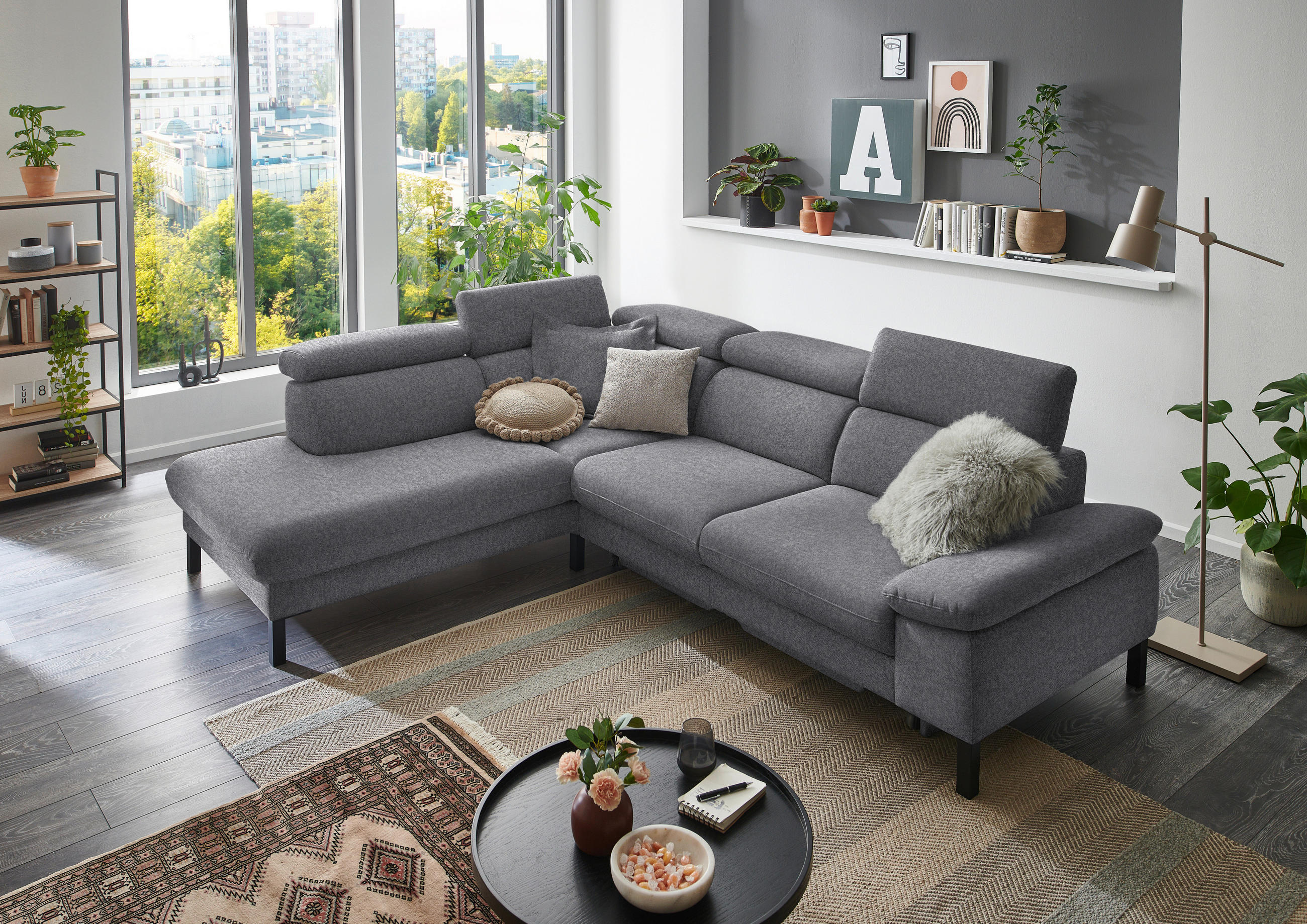 ECKSOFA in Flachgewebe Grau  - Schwarz/Grau, Design, Holzwerkstoff/Textil (217/272cm) - Pure Home Comfort