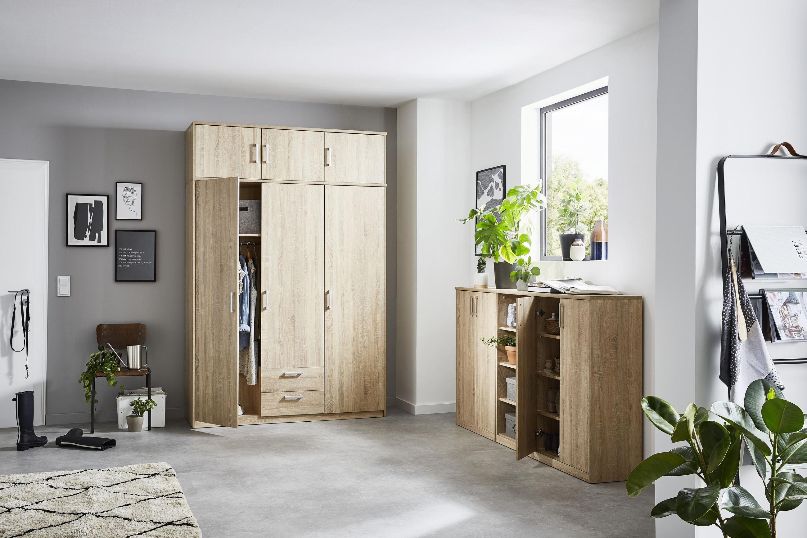 MEHRZWECKSCHRANK Sonoma Eiche - Silberfarben/Schwarz, Basics, Holzwerkstoff/Metall (72/194/36cm) - Xora