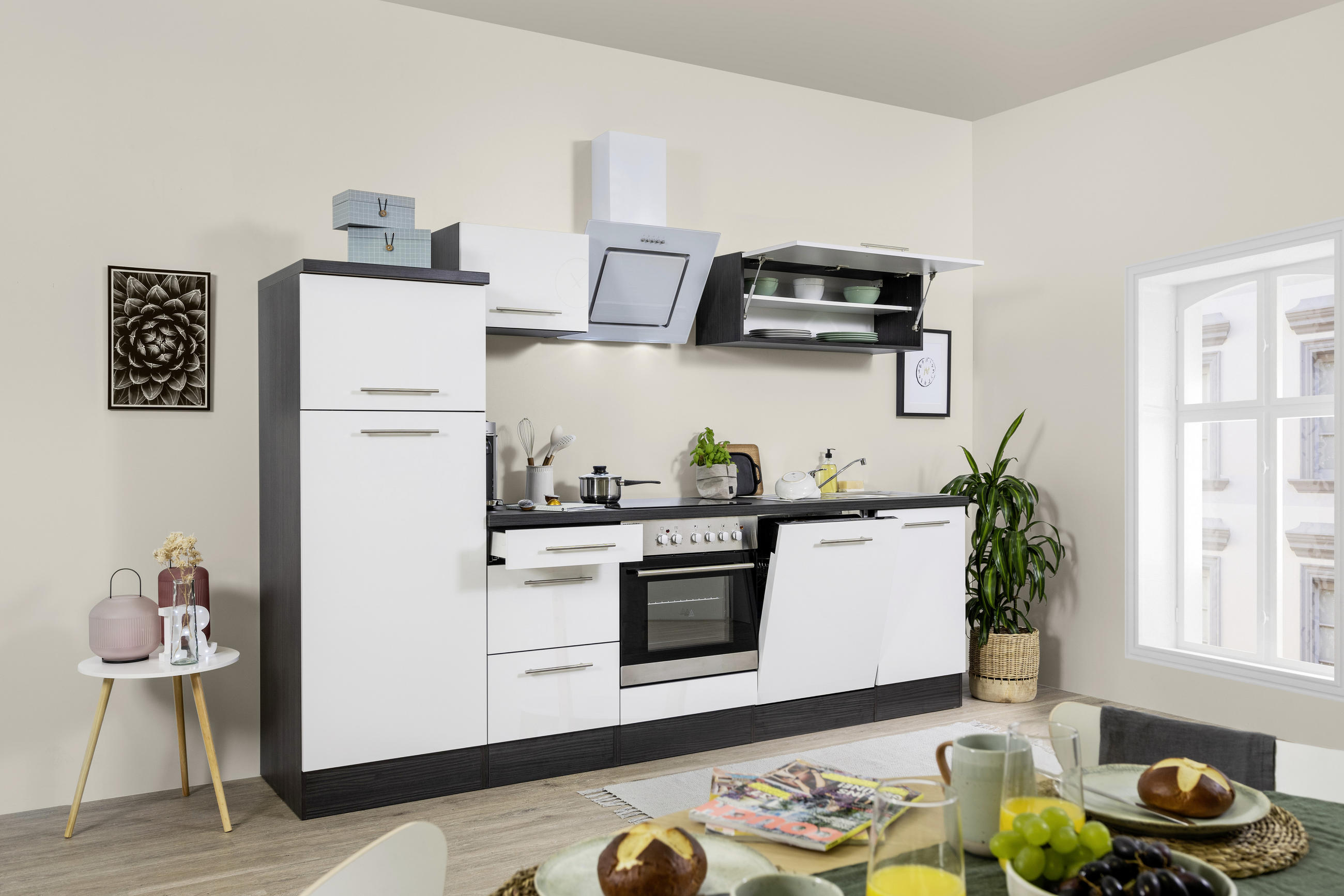 KÜCHENBLOCK 280 cm   in Grau, Weiß  - Alufarben/Weiß, KONVENTIONELL, Holzwerkstoff/Metall (280cm) - Respekta
