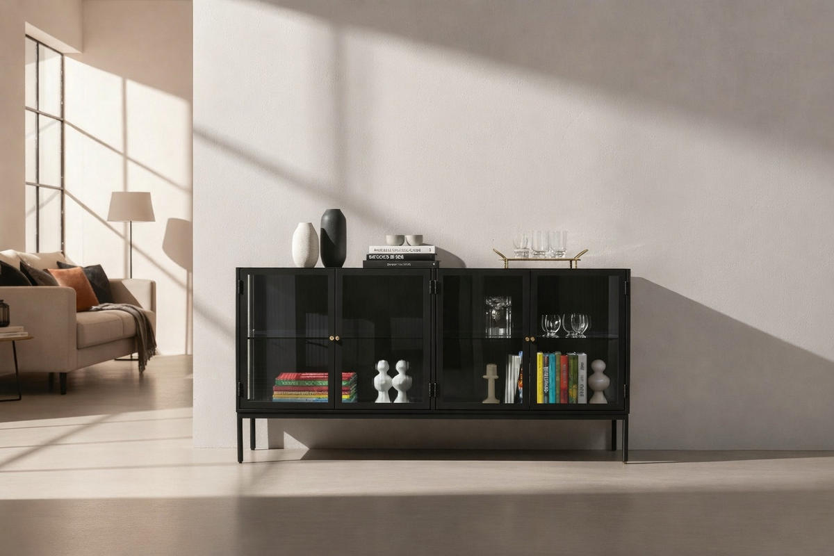 SIDEBOARD  167/80/37 cm  - svart/guldfärgad, Klassisk, metall/glas (167/80/37cm) - Niels Andersson