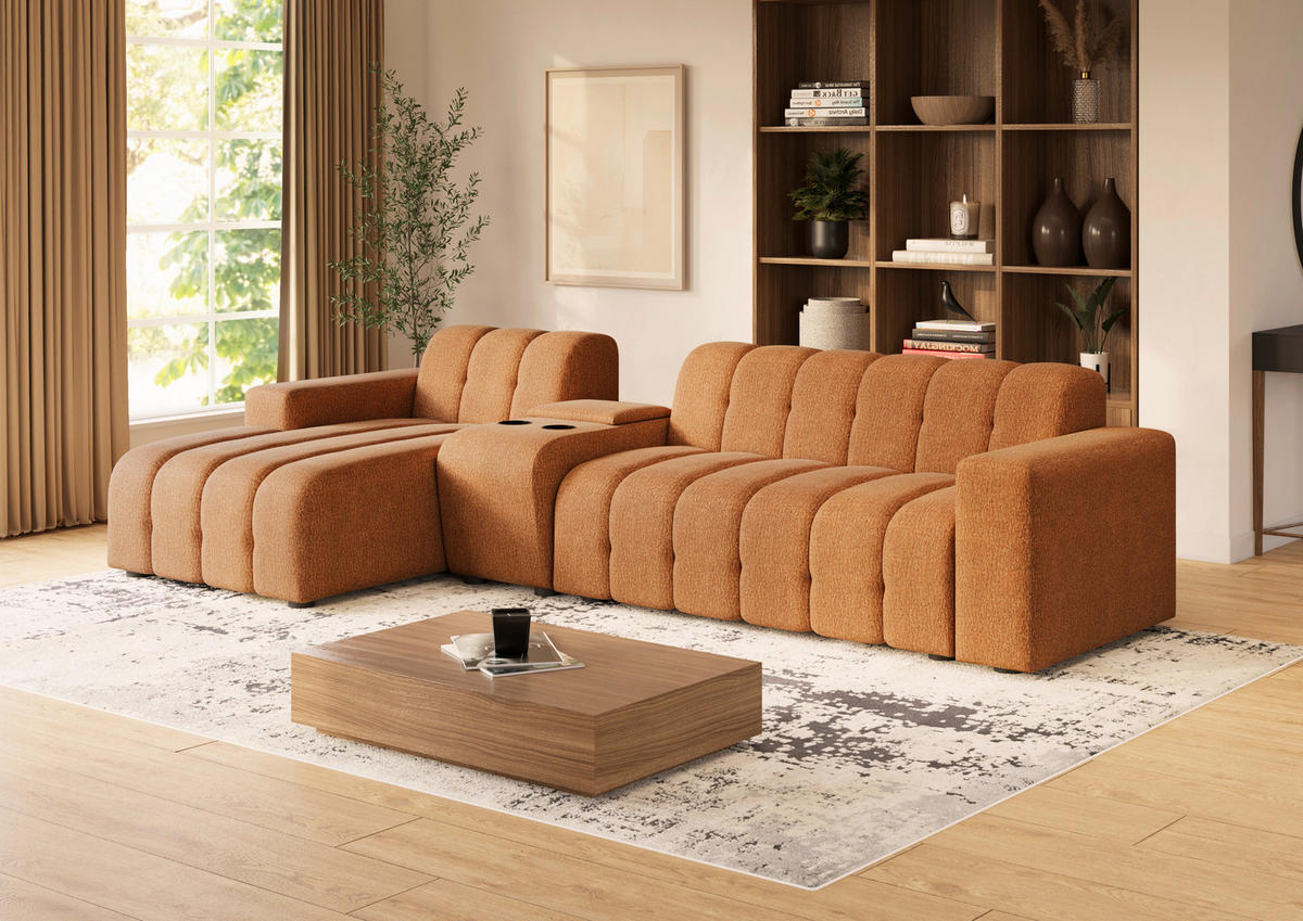 ECKSOFA Rostfarben Chenille Stauraum, Getränkehalter  - Rostfarben/Schwarz, MODERN, Kunststoff/Textil (150/299cm) - Milino