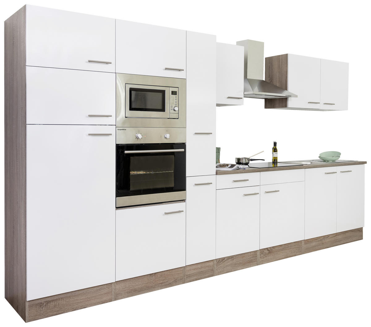 KÜCHENBLOCK 360 cm   in Weiss, Eichefarben  - Weiss/Edelstahlfarben, Design, Holzwerkstoff/Metall (360cm) - Respekta