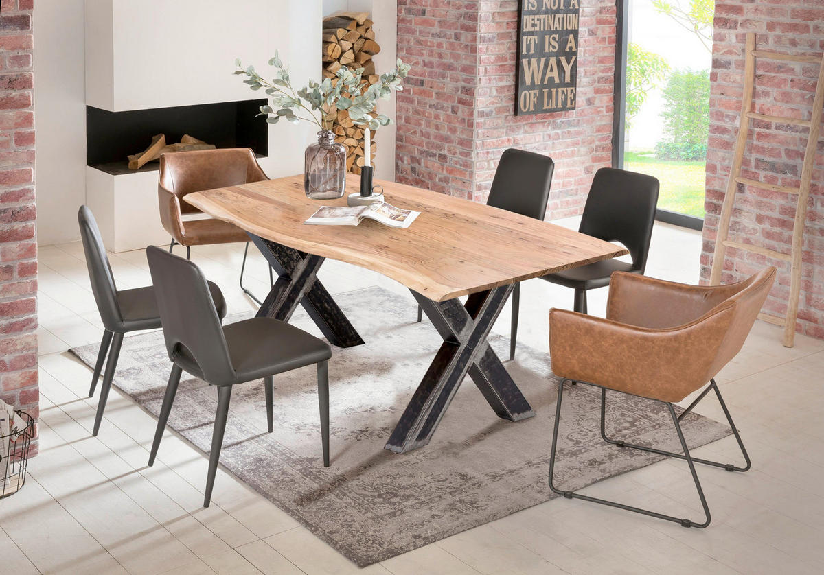 ESSTISCH 200/100/77 cm Echtholz  Holz, Metall rechteckig Naturfarben, Schwarz  - Schwarz/Naturfarben, MODERN, Holz/Metall (200/100/77cm) - MID.YOU